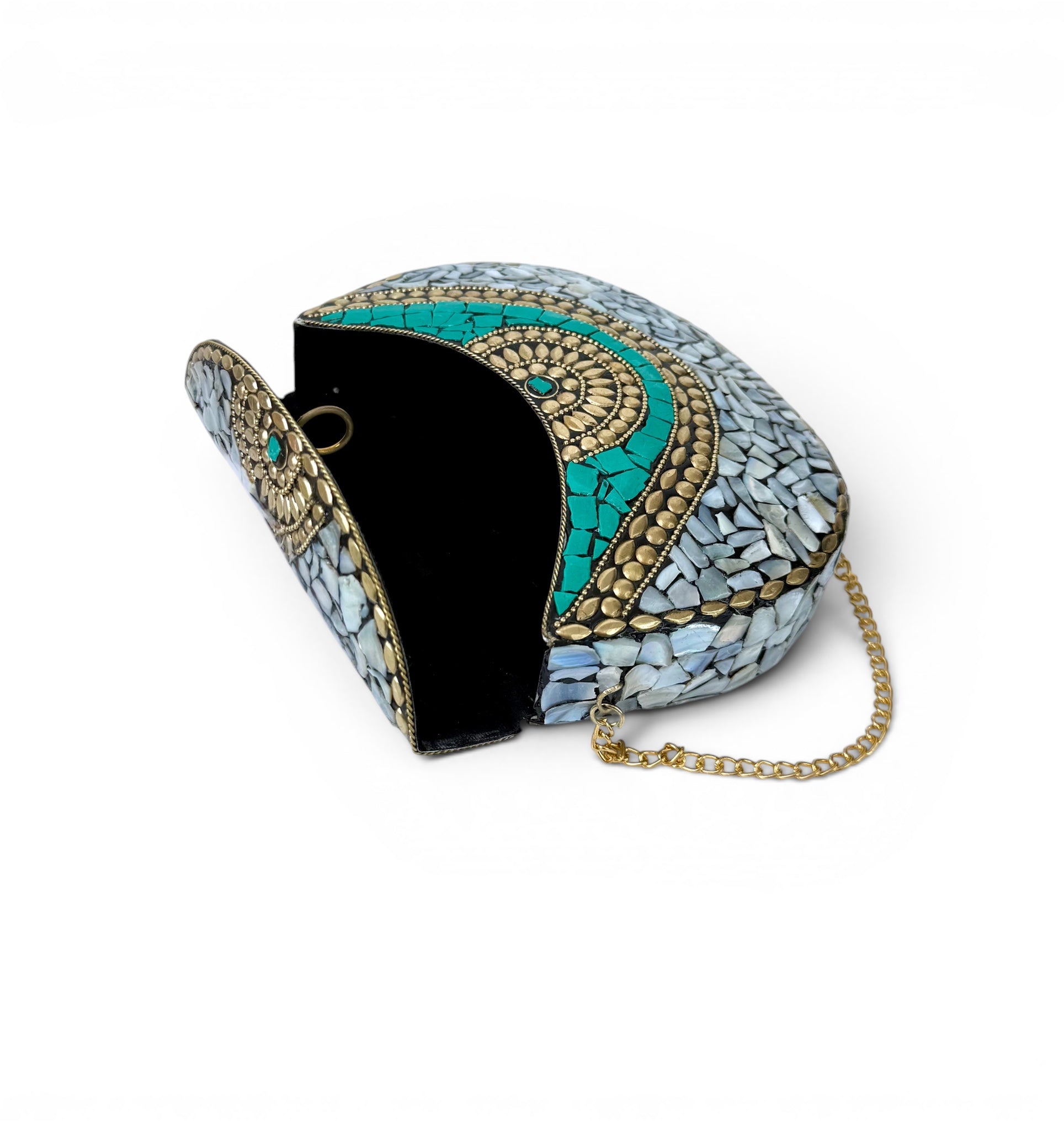 Mother-of-Pearl Clutch with Turquoise Details and Gold Chain