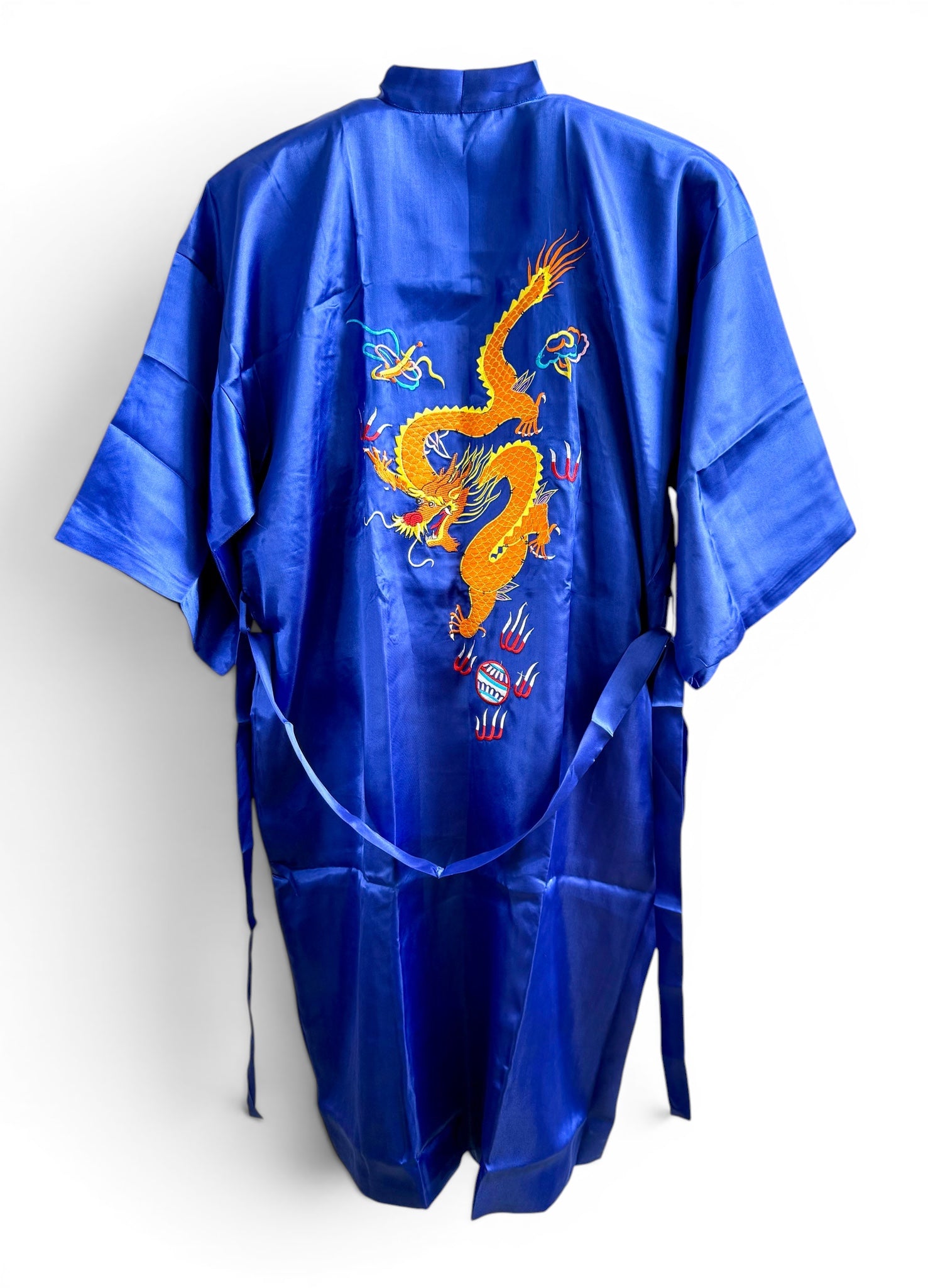 Retro Blue Oriental Kimono with Embroidered Dragon