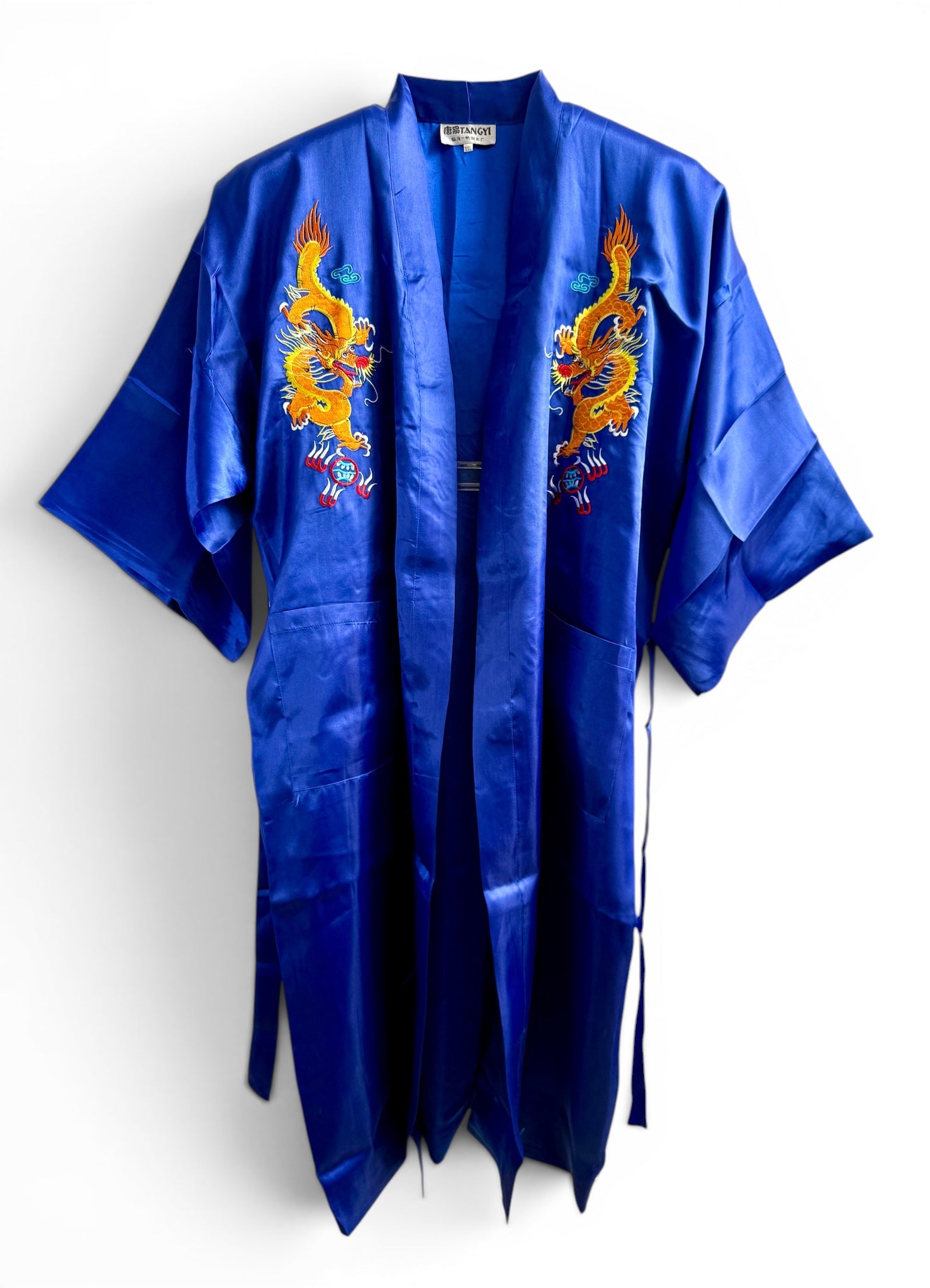 Retro Blue Oriental Kimono with Embroidered Dragon