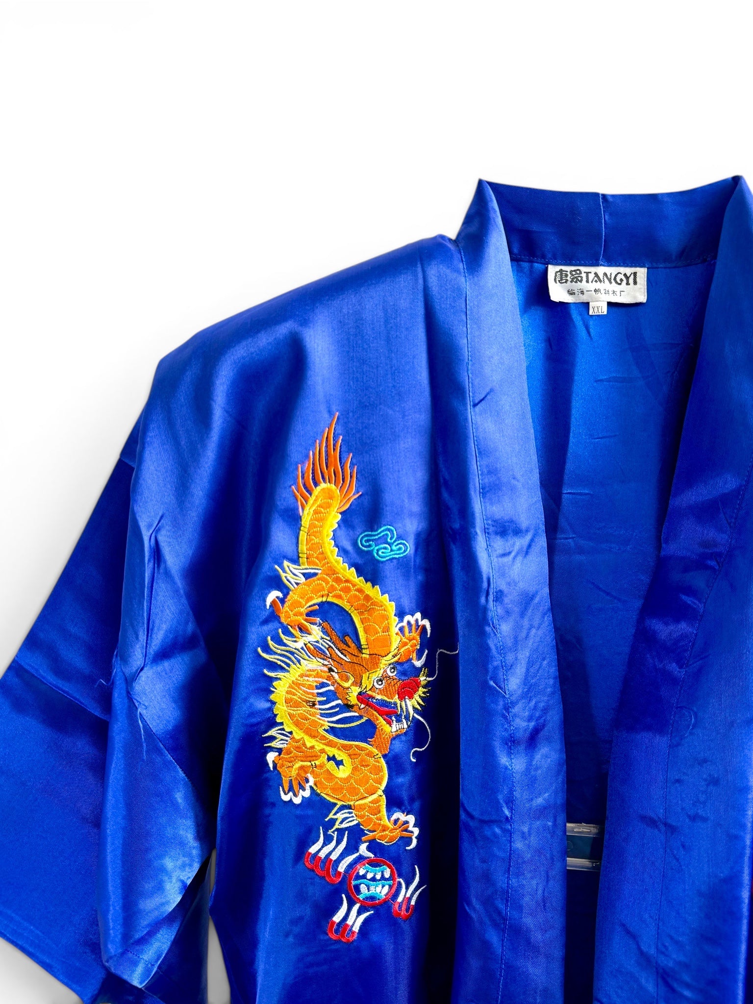 Retro Blue Oriental Kimono with Embroidered Dragon