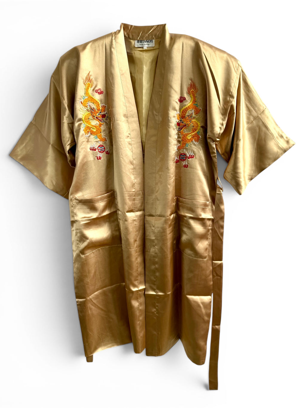 Retro Gold Oriental Kimono with Embroidered Dragon