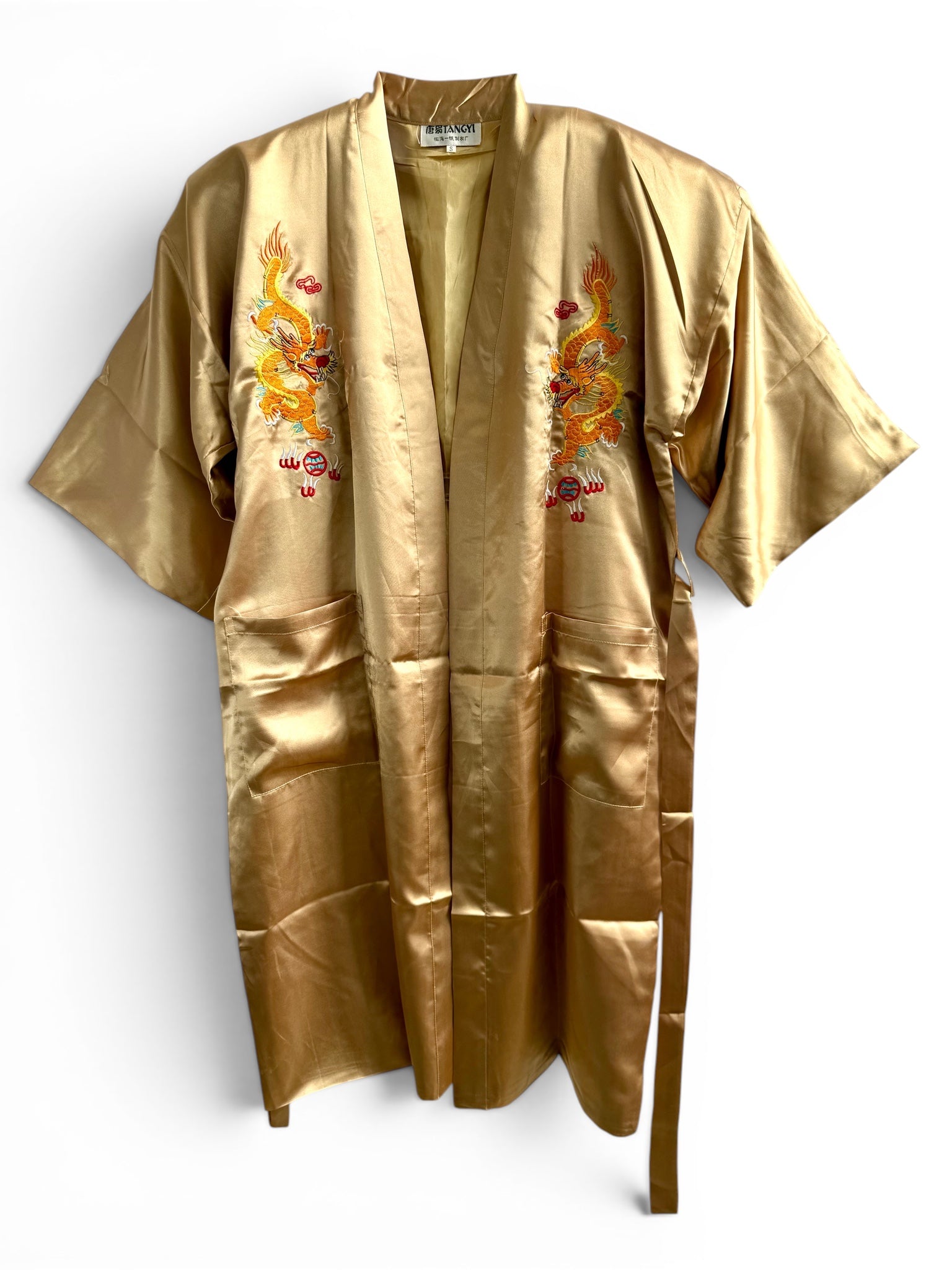 Retro Gold Oriental Kimono with Embroidered Dragon