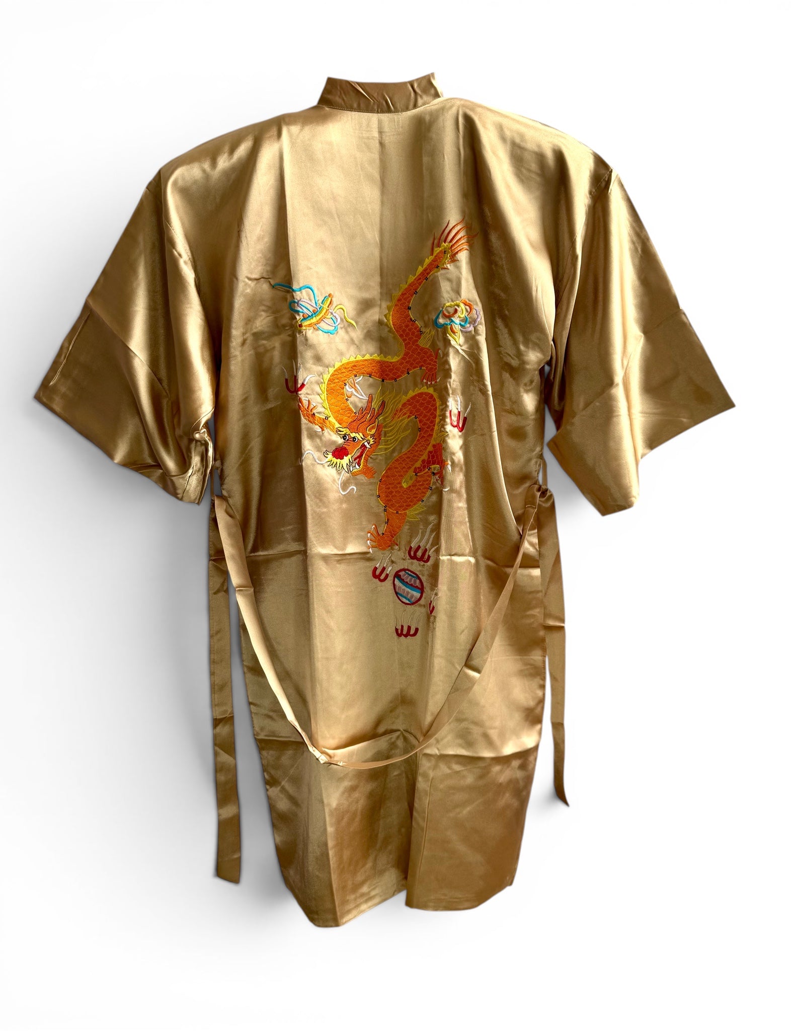 Retro Gold Oriental Kimono with Embroidered Dragon
