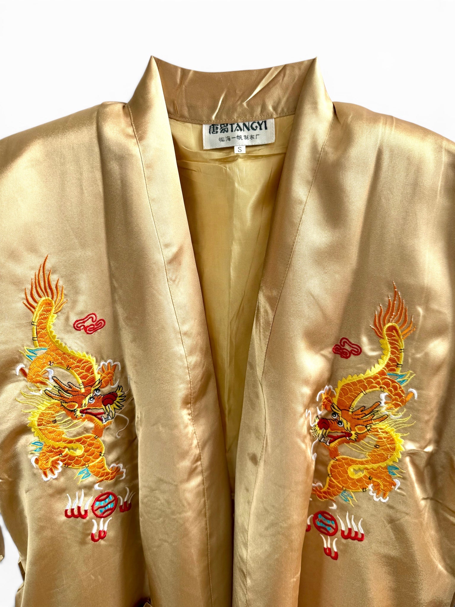 Retro Gold Oriental Kimono with Embroidered Dragon