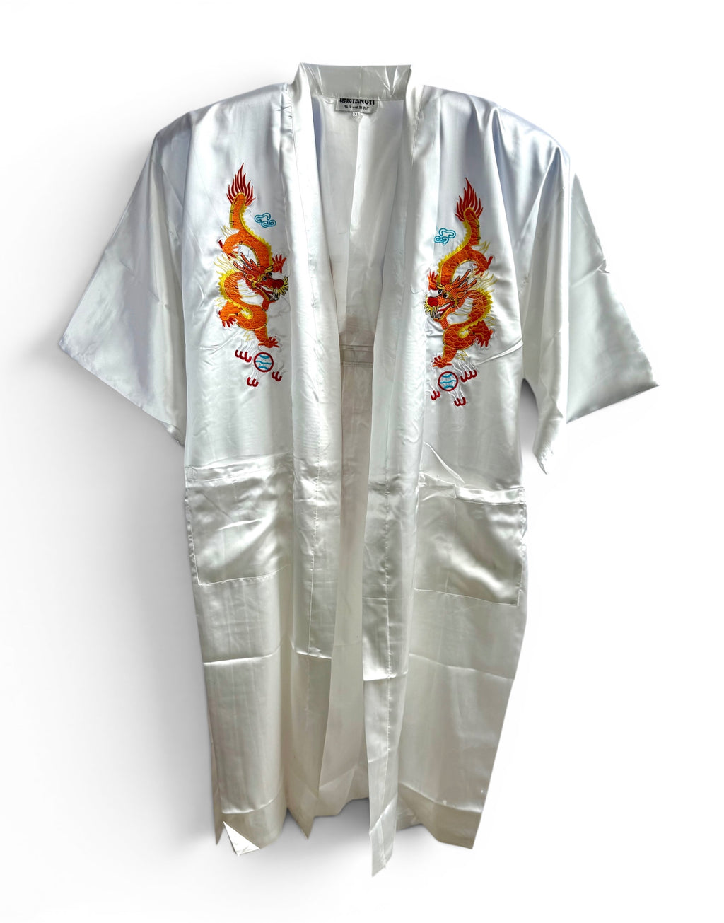 Retro White Oriental Kimono with Embroidered Dragon