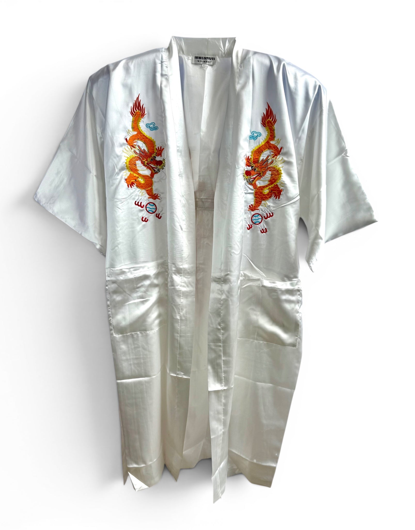 Retro White Oriental Kimono with Embroidered Dragon