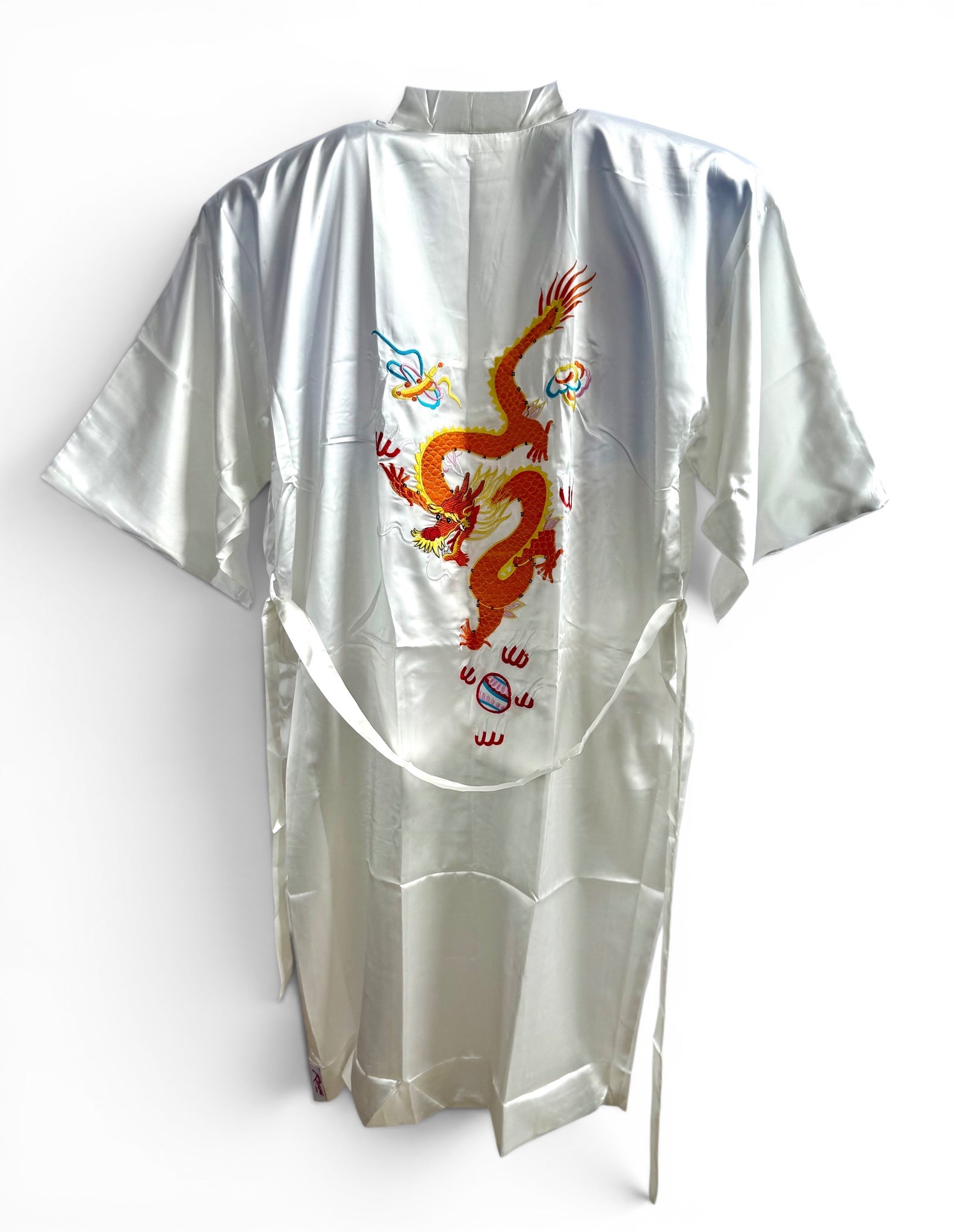 Retro White Oriental Kimono with Embroidered Dragon