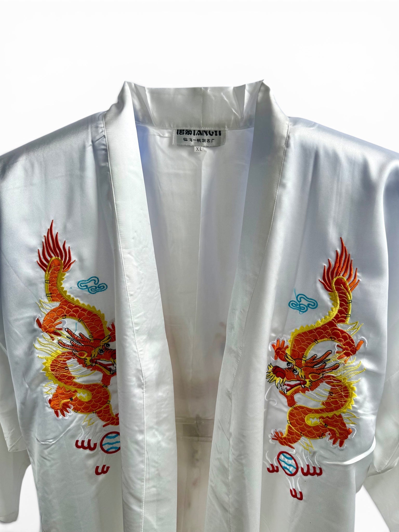 Retro White Oriental Kimono with Embroidered Dragon
