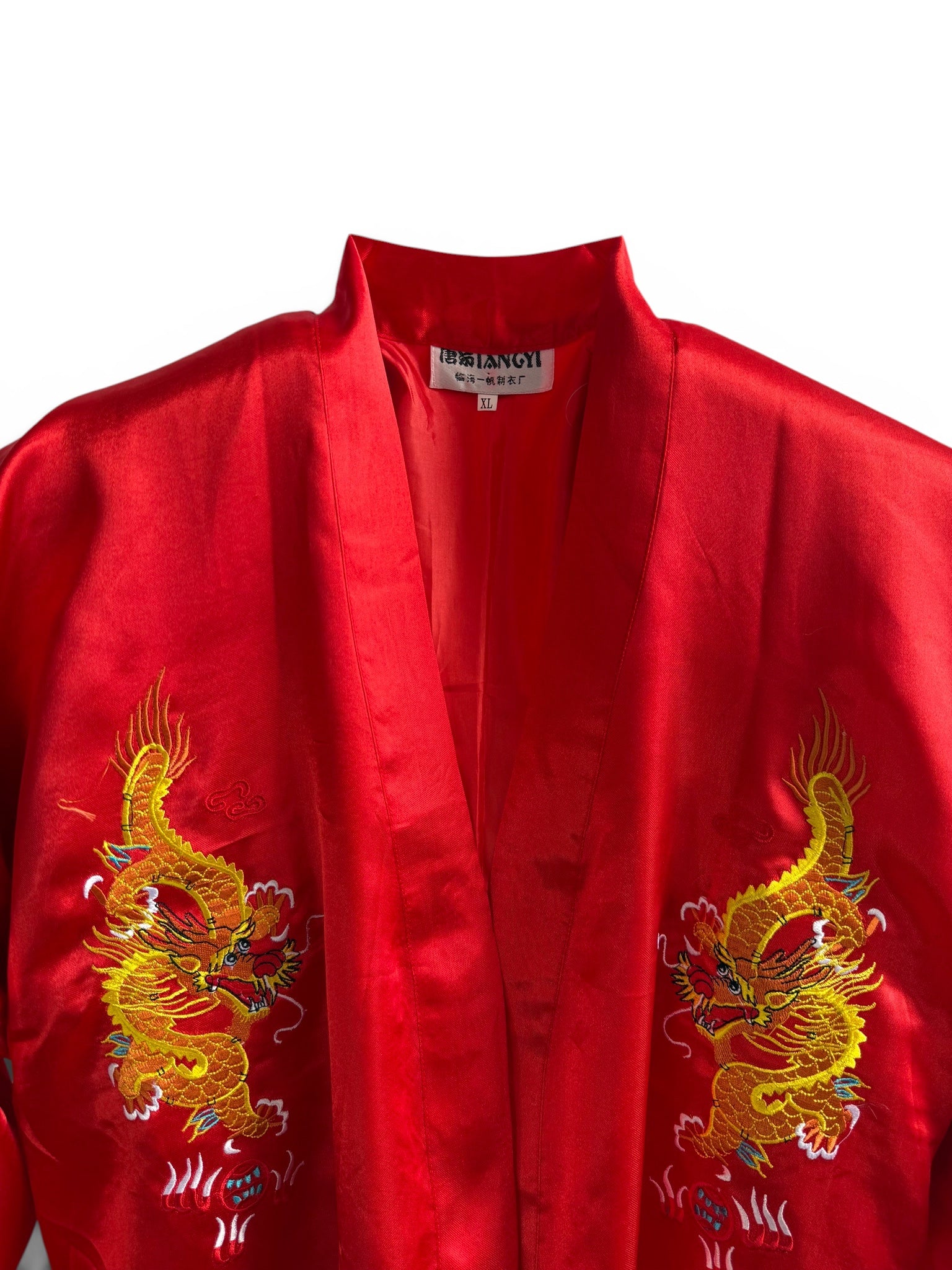 Retro Red Oriental Kimono with Embroidered Dragon