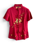 Vintage Red Linen Oriental Blouse with Floral Embroidery