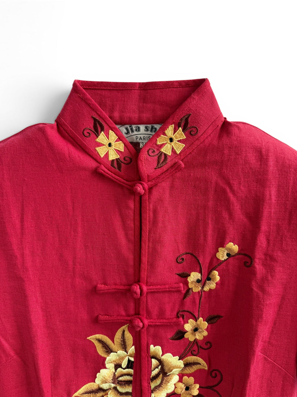 Vintage Red Linen Oriental Blouse with Floral Embroidery