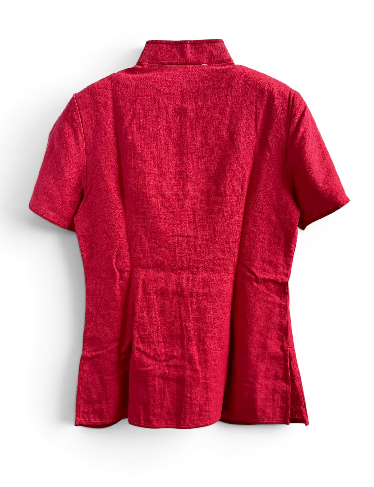 Vintage Red Linen Oriental Blouse with Floral Embroidery