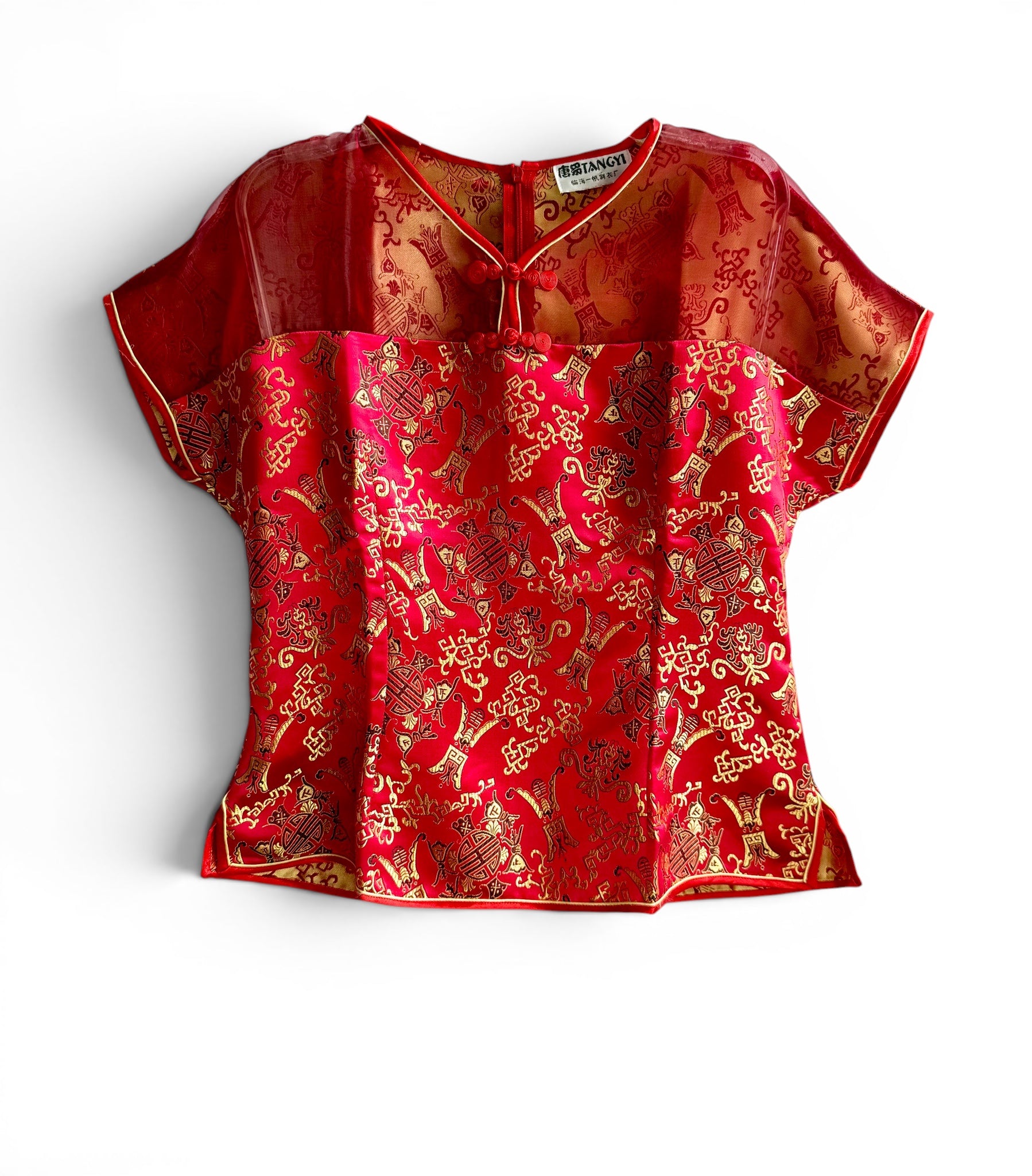 Vintage Red Oriental Brocade Blouse with Sheer Details