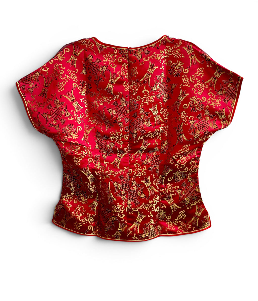 Vintage Red Oriental Brocade Blouse with Sheer Details