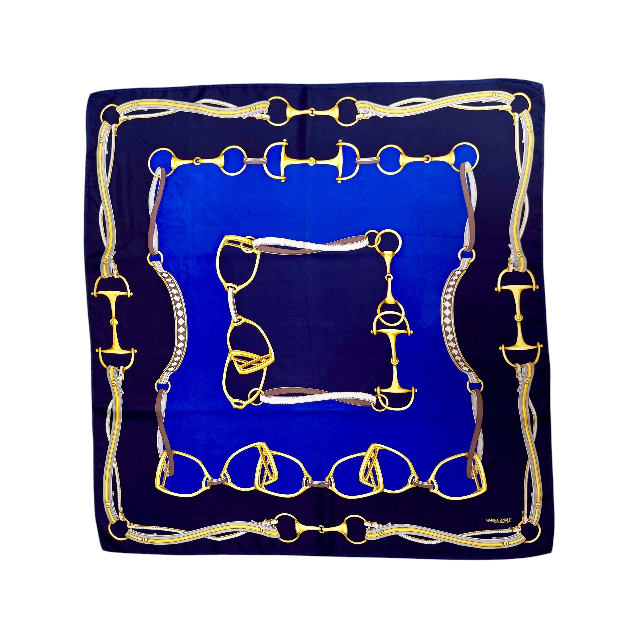 Vintage Marina Rinaldi Equestrian Motif Scarf in Blue Tones