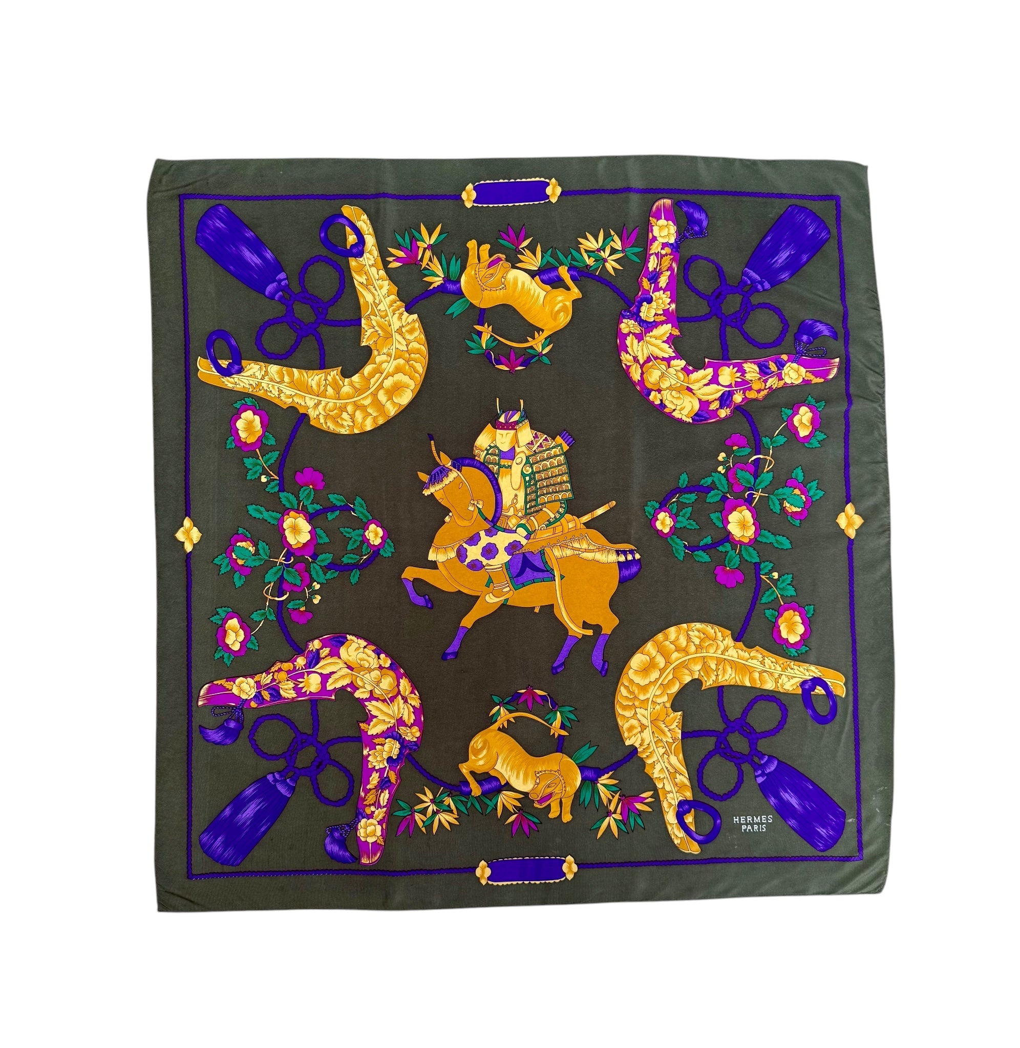 Vintage Hermès Paris SILK Scarf with SAMURAI Oriental Motif