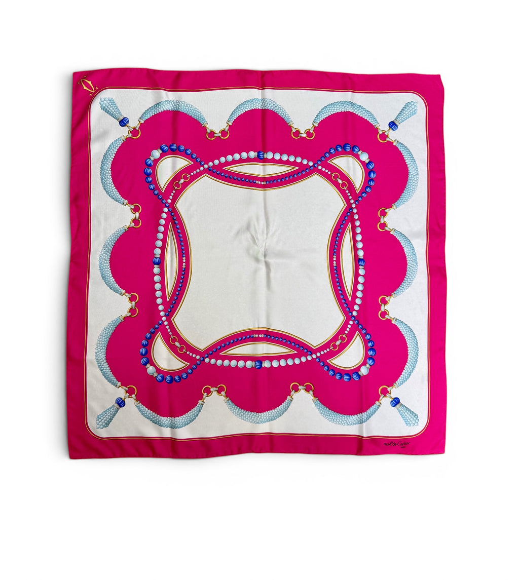 Vintage Cartier 100% Silk Scarf in Fuchsia Pink with Pearl Motif