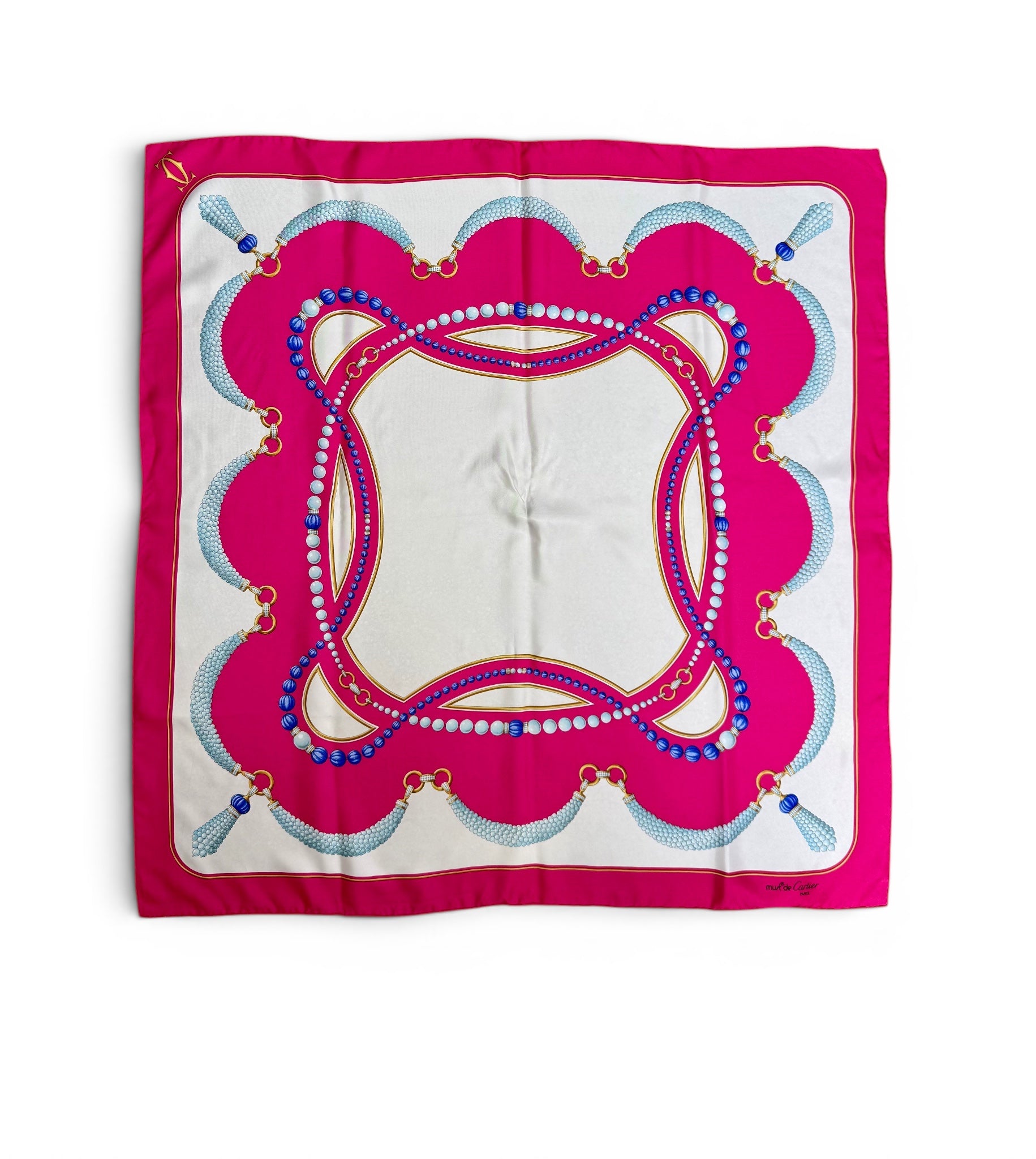 Vintage Cartier 100% Silk Scarf in Fuchsia Pink with Pearl Motif