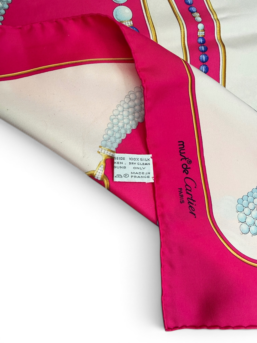 Vintage Cartier 100% Silk Scarf in Fuchsia Pink with Pearl Motif