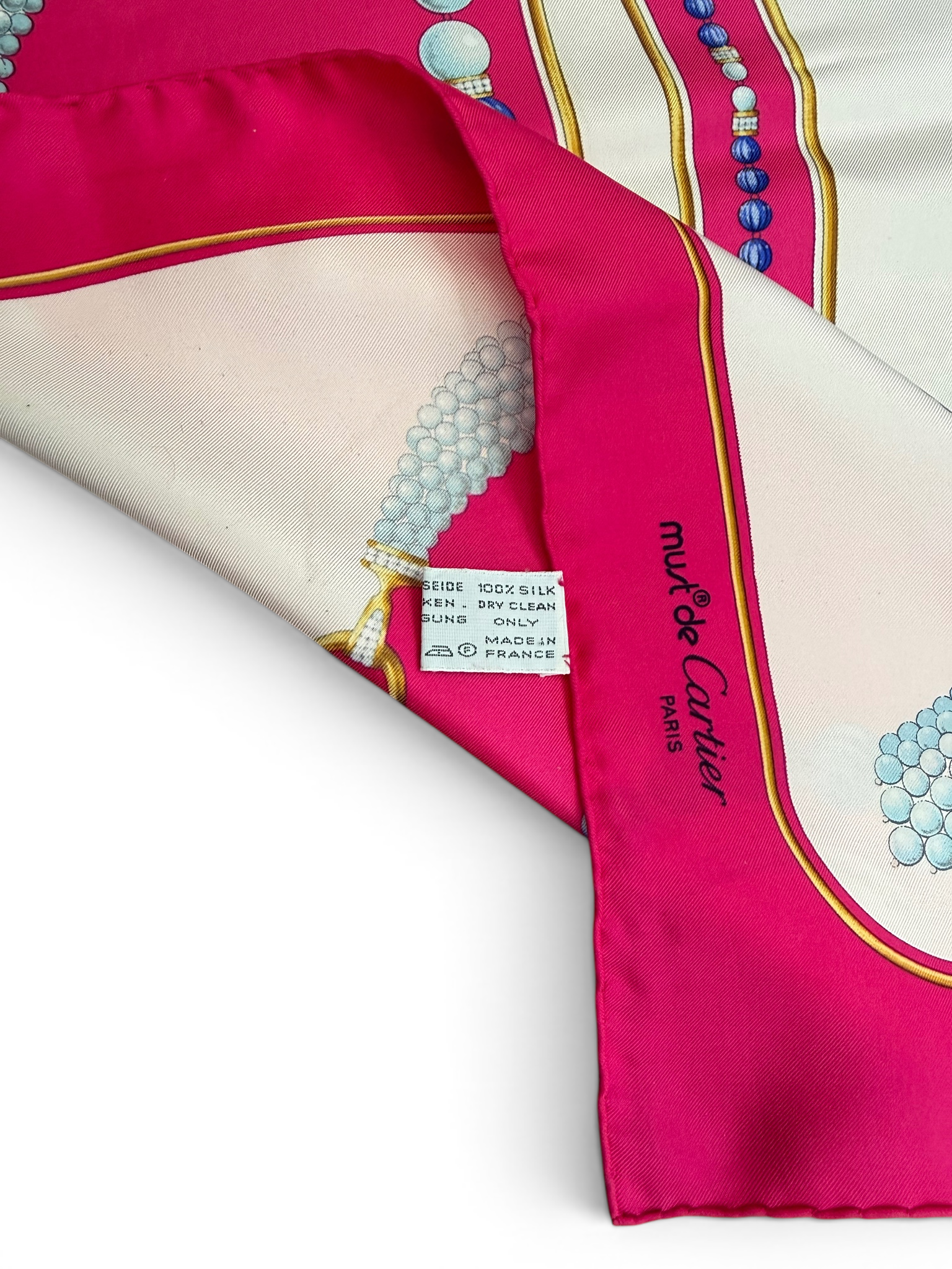 Vintage Cartier 100% Silk Scarf in Fuchsia Pink with Pearl Motif
