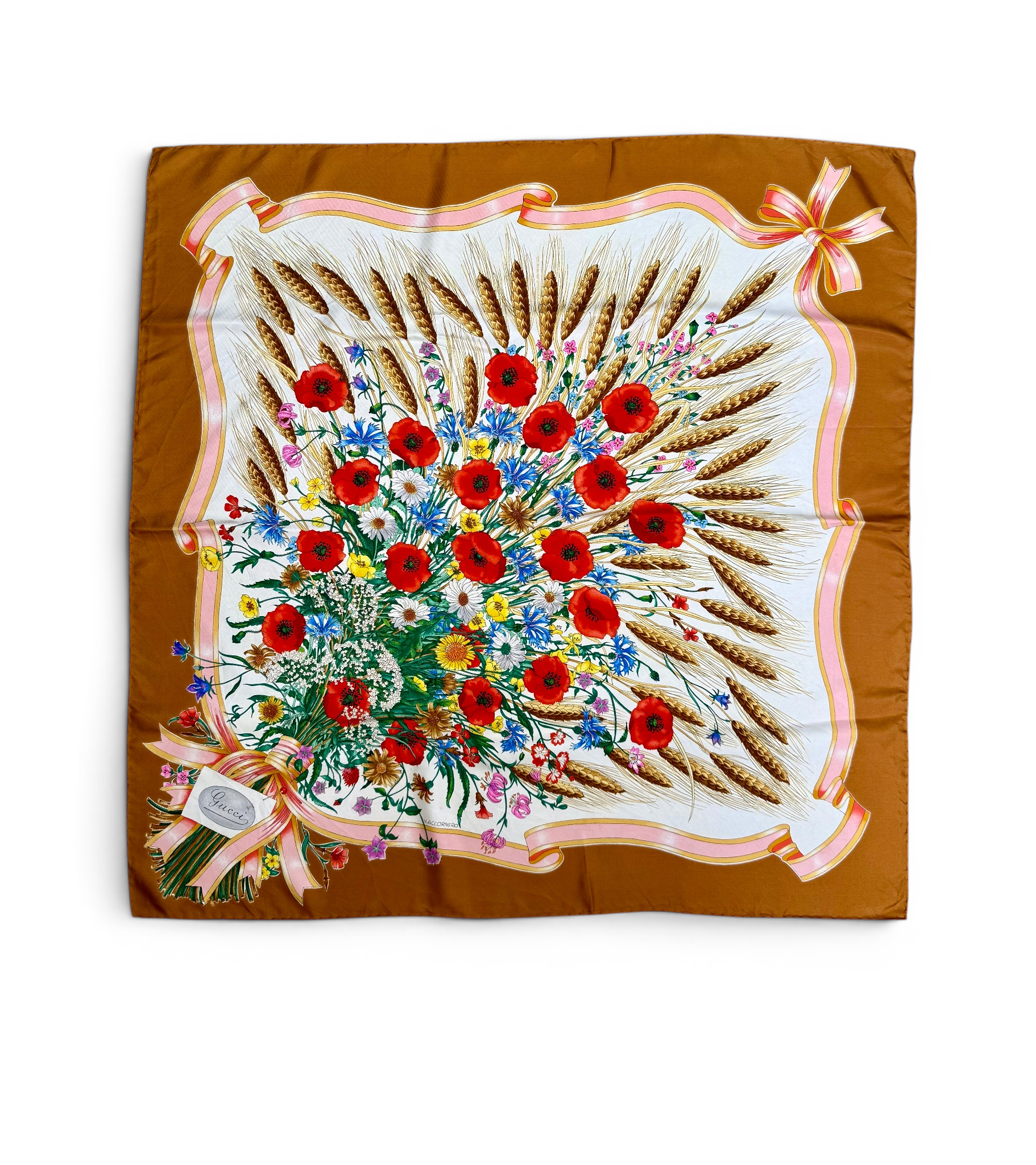 Collector´s Item! Vintage Gucci 100% Silk Scarf with Floral Bouquet and Wheat Motif
