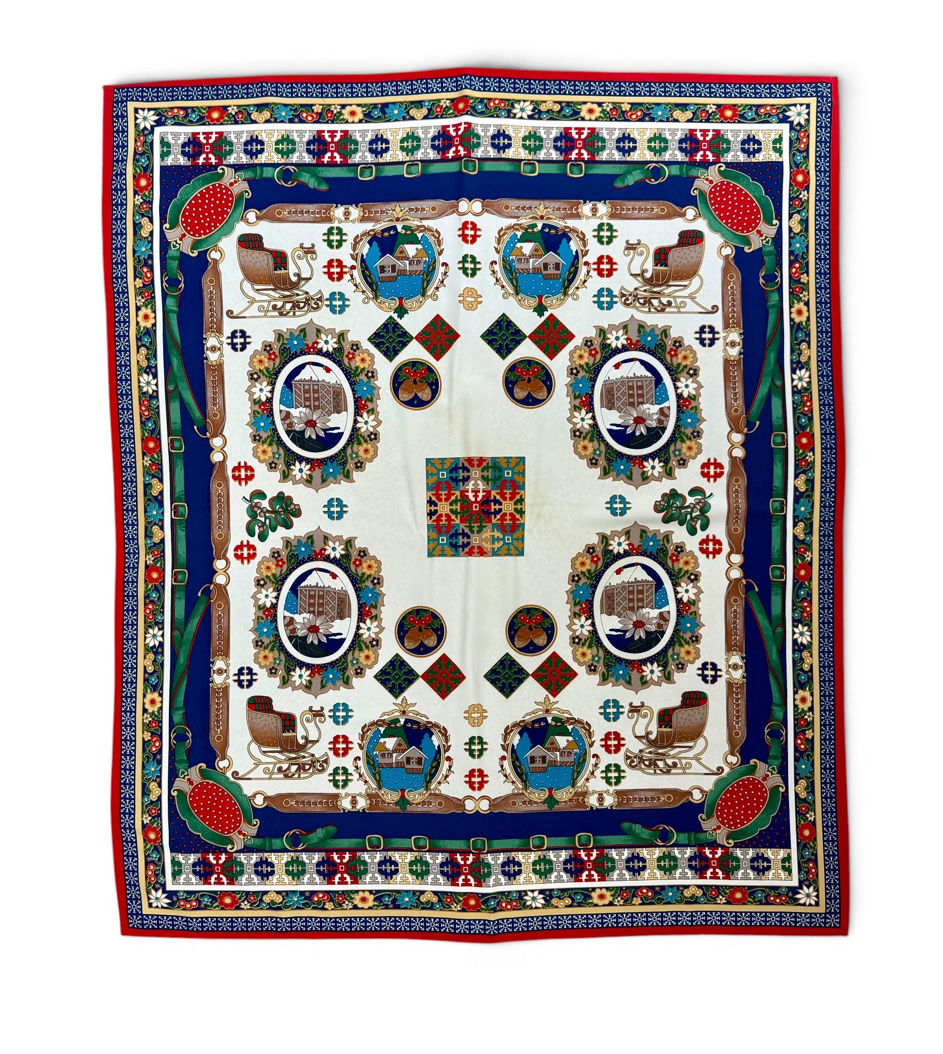 Vintage 100% Silk Scarf with Multicolor Equestrian and Folk Print