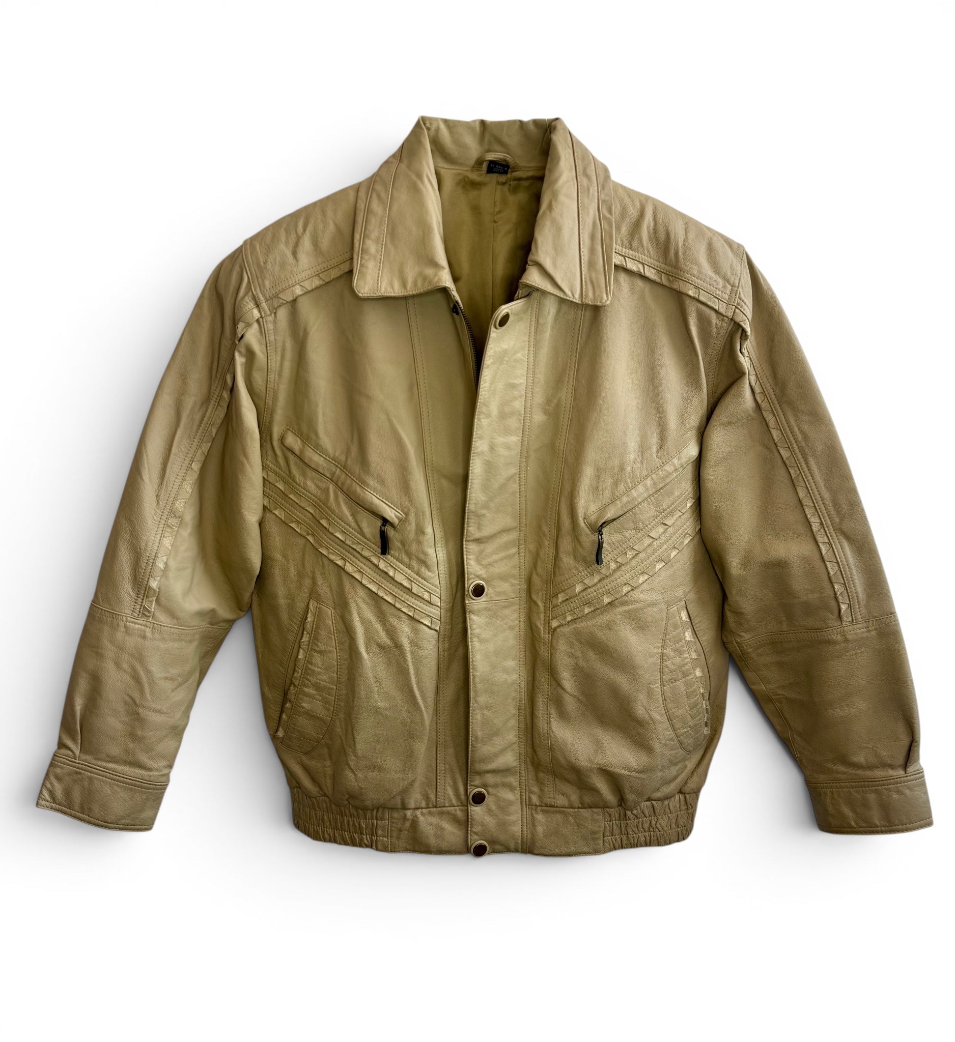 Vintage Beige Leather Bomber Jacket