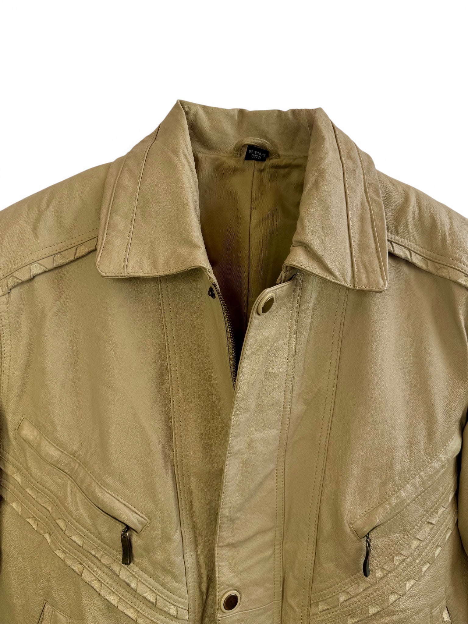 Vintage Beige Leather Bomber Jacket