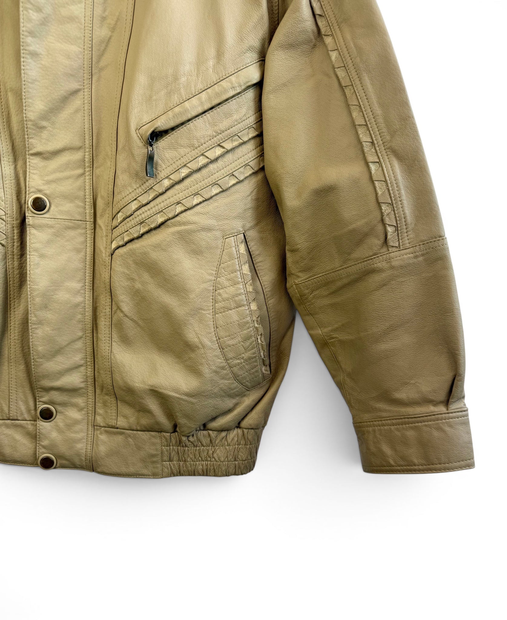 Vintage Beige Leather Bomber Jacket