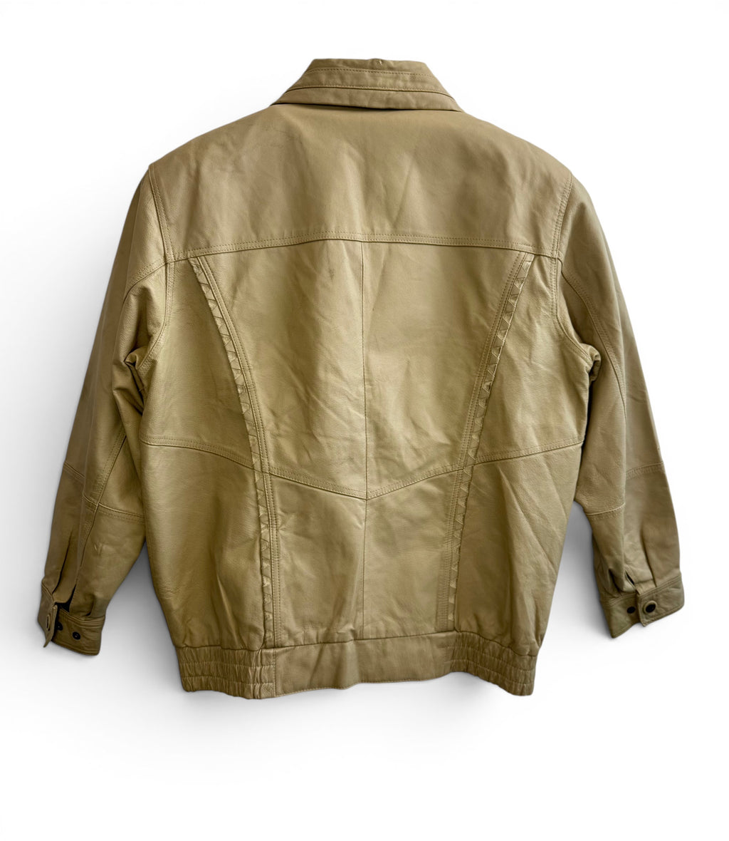 Vintage Beige Leather Bomber Jacket