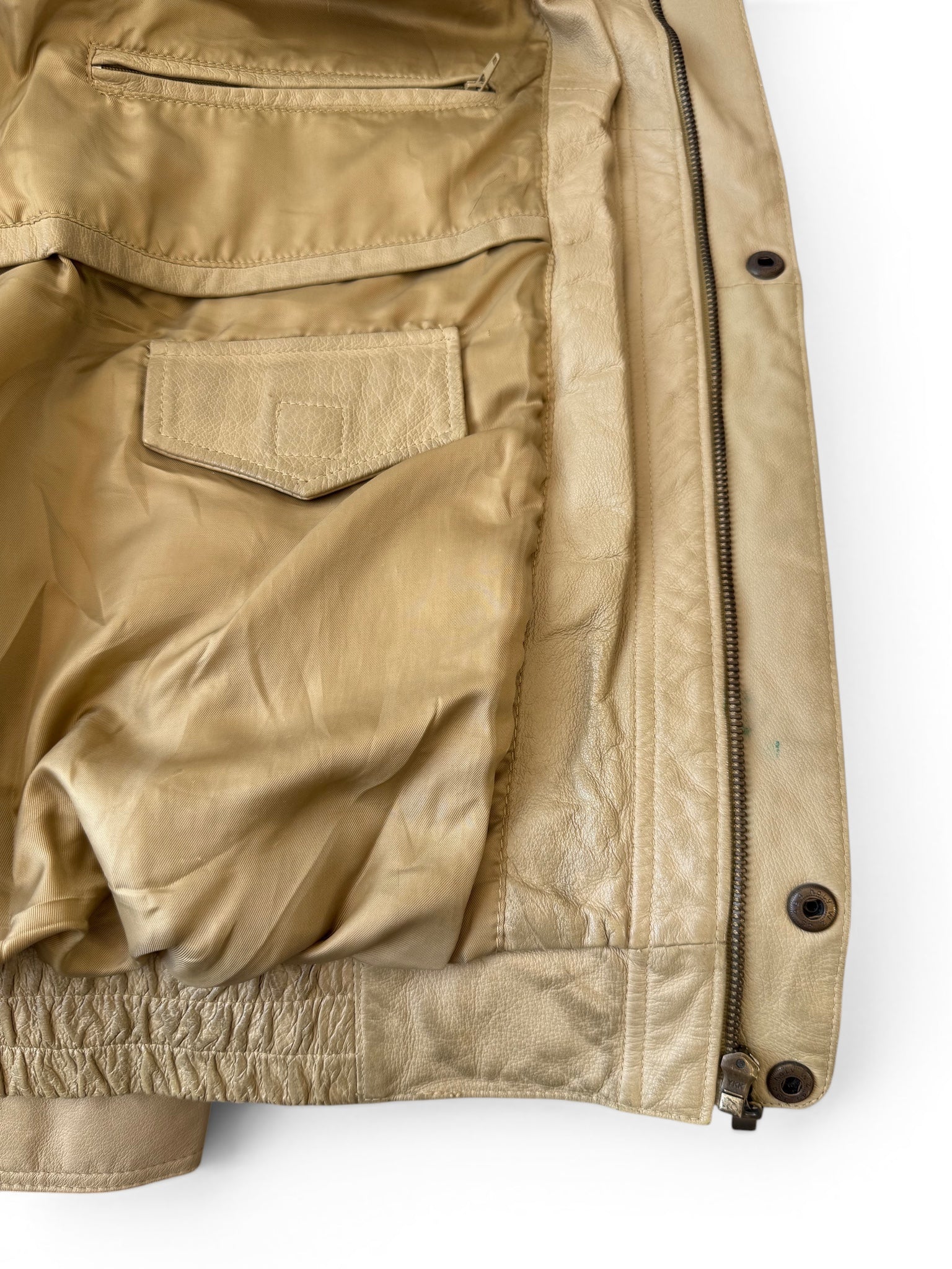 Vintage Beige Leather Bomber Jacket