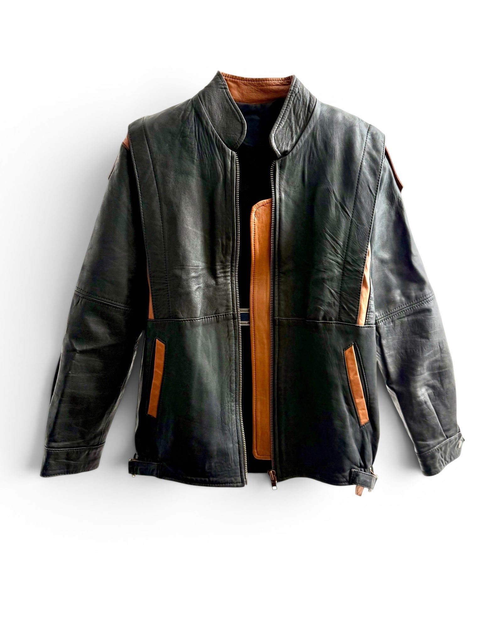 Vintage Dark Grey - Tan Leather Moto Jacket-70s/80s