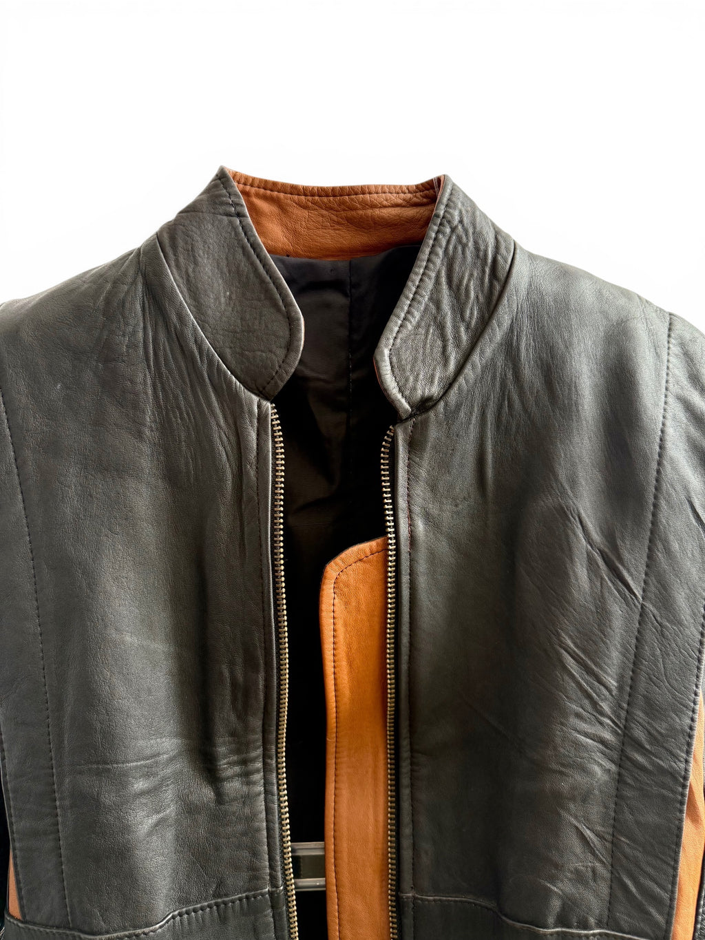 Vintage Dark Grey - Tan Leather Moto Jacket-70s/80s