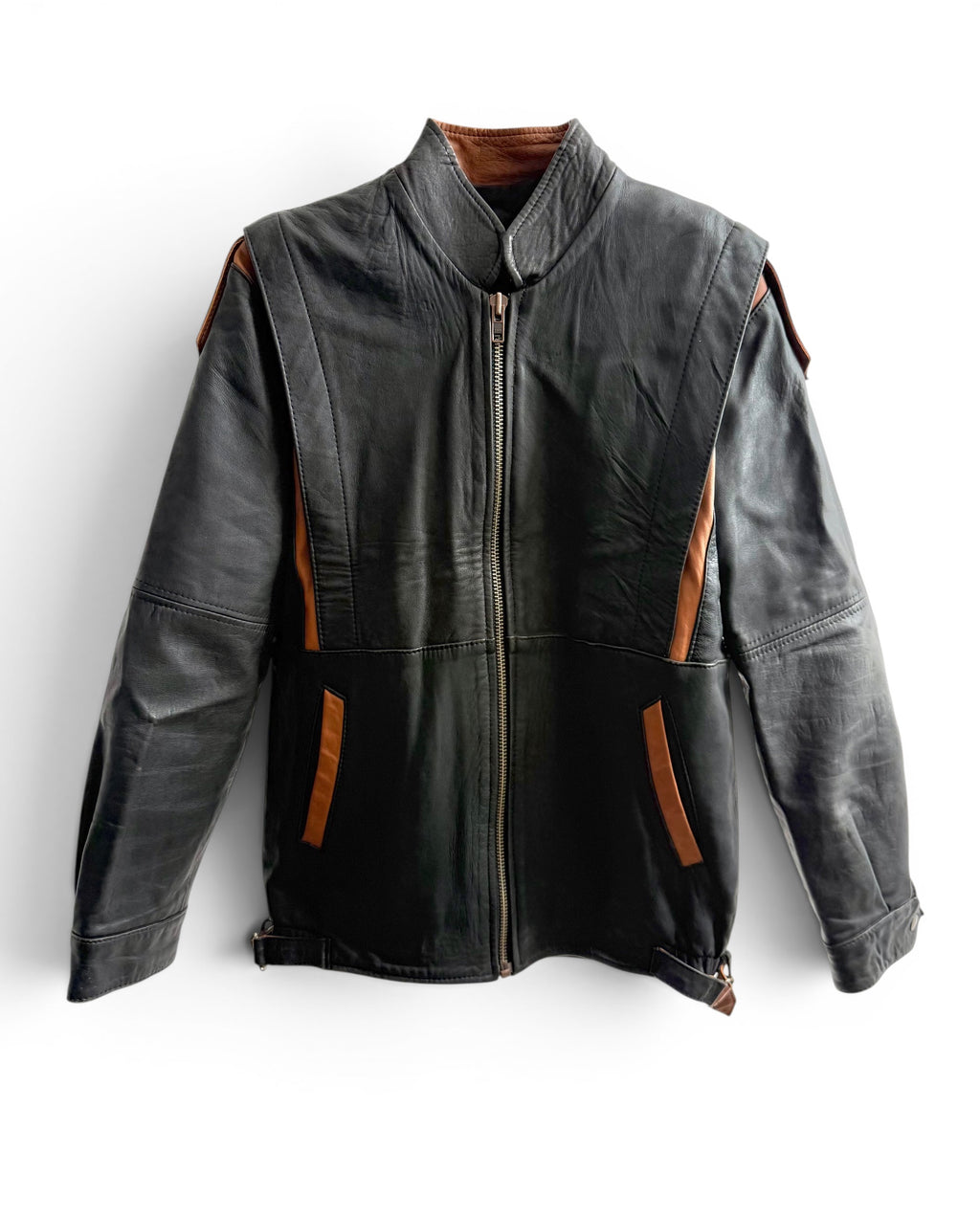 Vintage Dark Grey - Tan Leather Moto Jacket-70s/80s