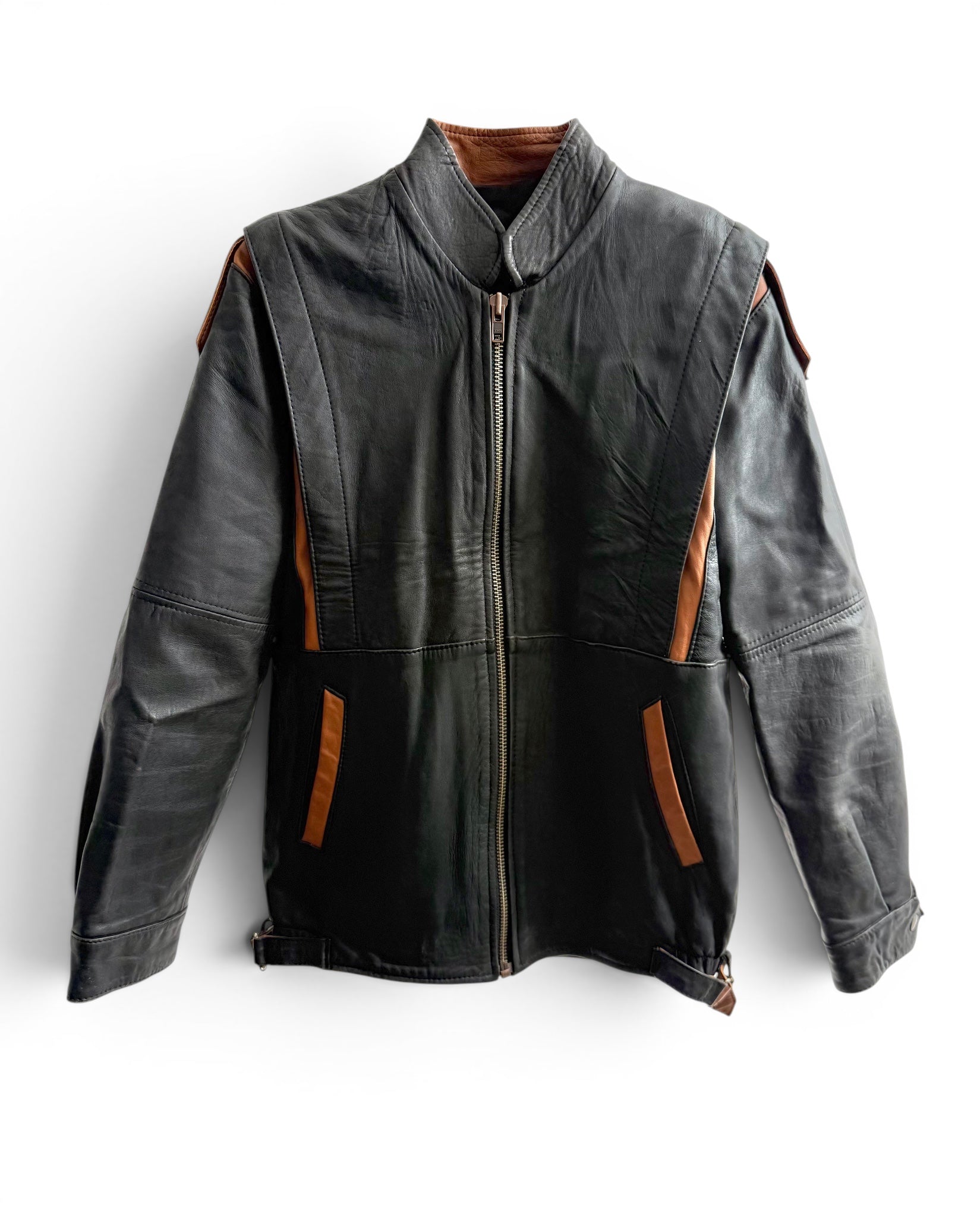 Vintage Dark Grey - Tan Leather Moto Jacket-70s/80s