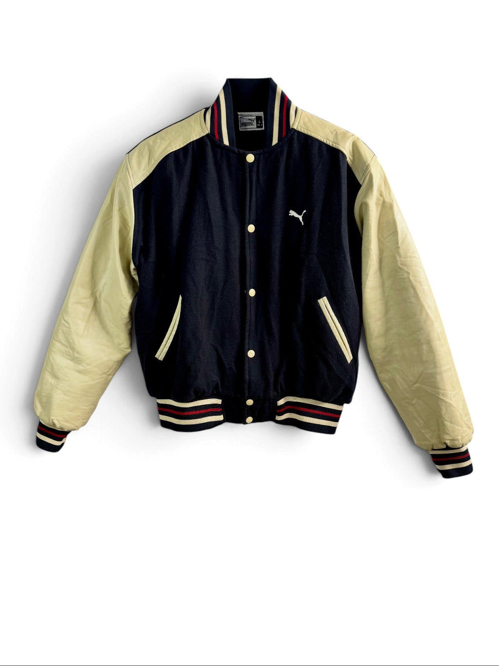 PUMA Vintage Black Varsity Bomber Jacket with Cream Leather Sleeves