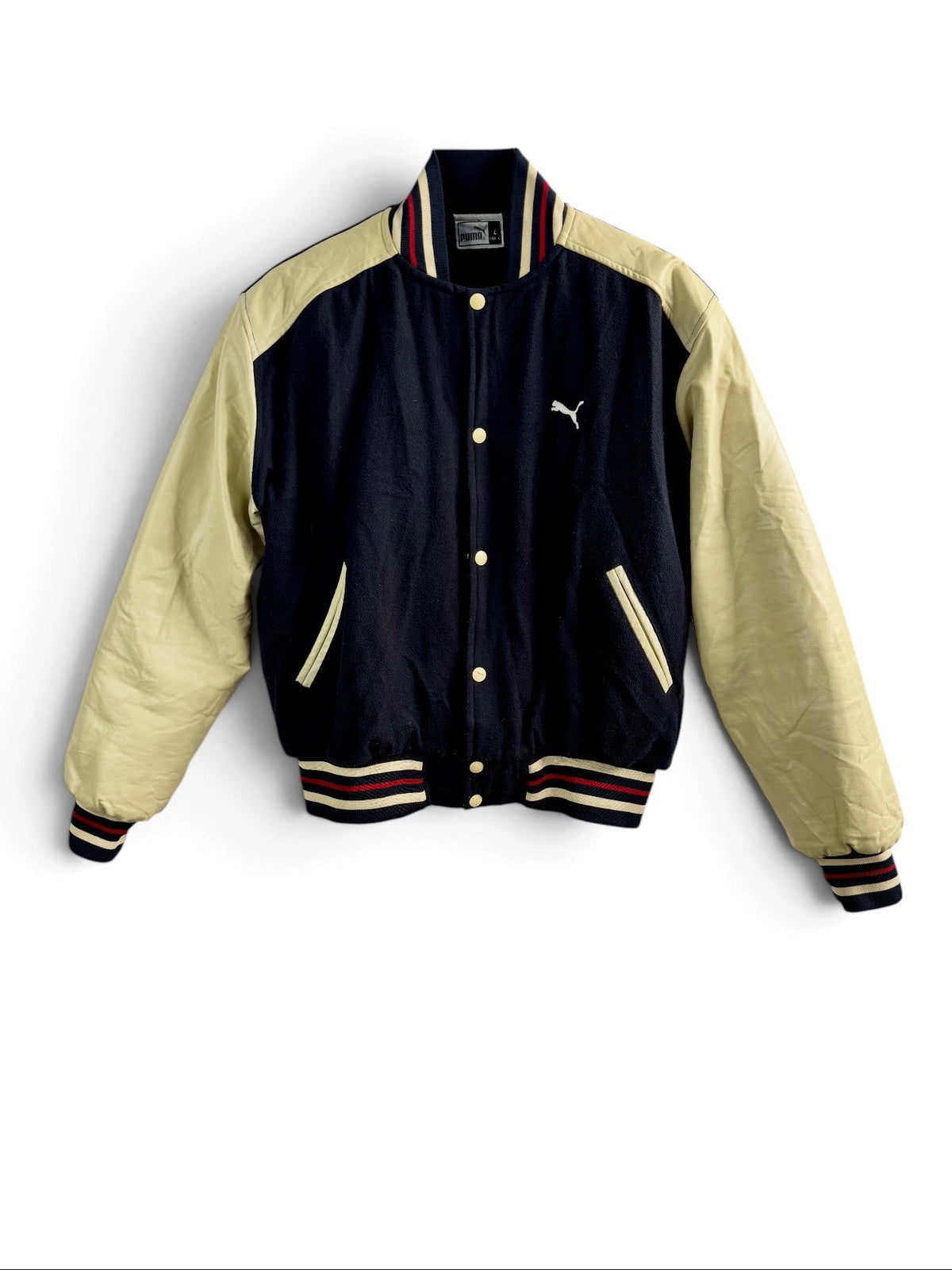 PUMA Vintage Black Varsity Bomber Jacket with Cream Leather Sleeves