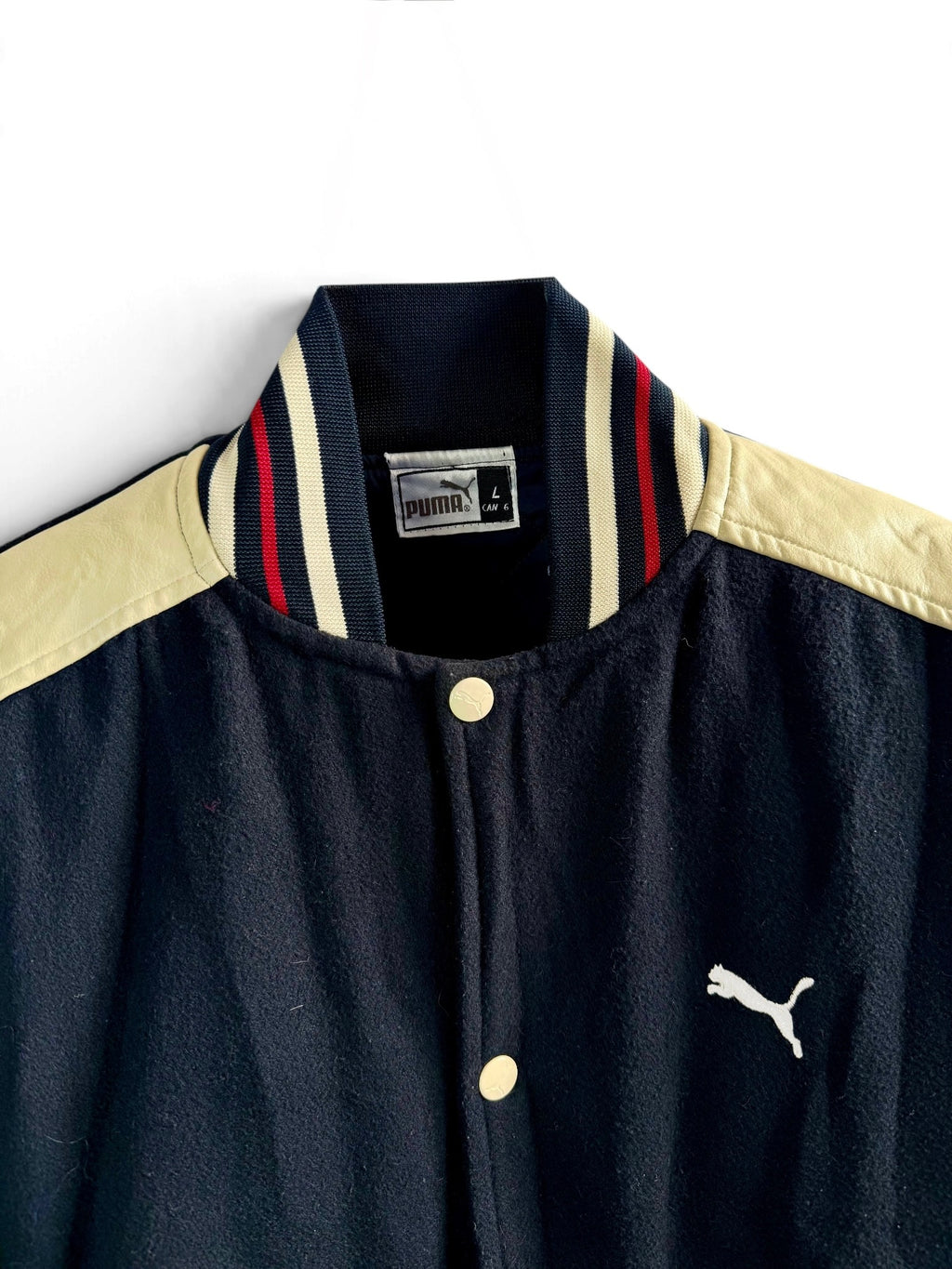 PUMA Vintage Black Varsity Bomber Jacket with Cream Leather Sleeves