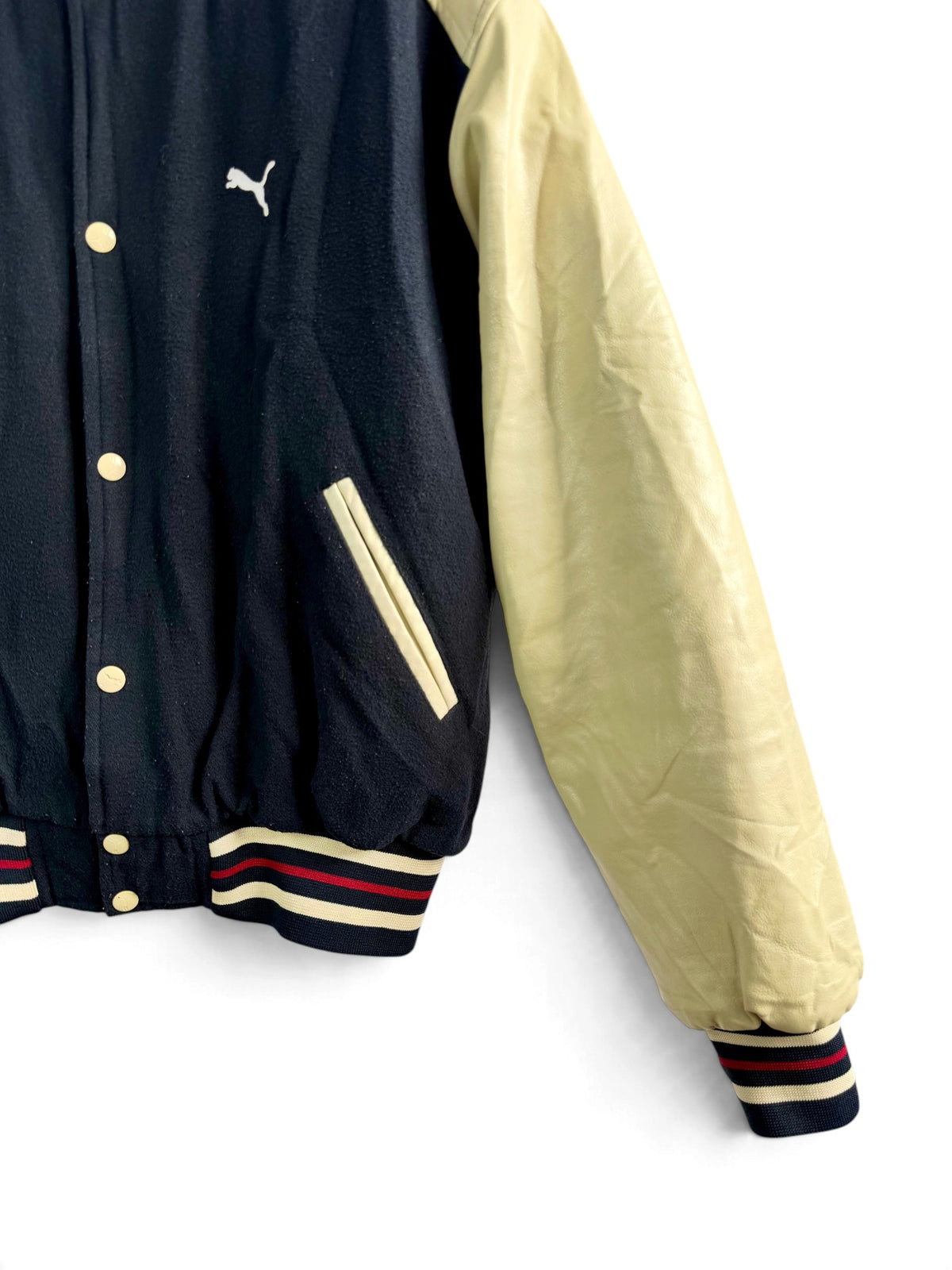 PUMA Vintage Black Varsity Bomber Jacket with Cream Leather Sleeves
