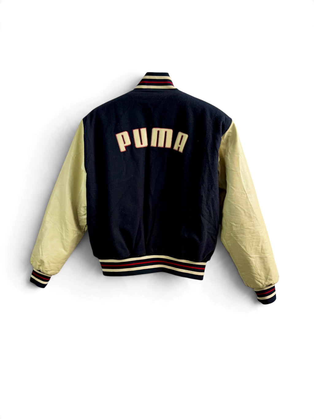 PUMA Vintage Black Varsity Bomber Jacket with Cream Leather Sleeves