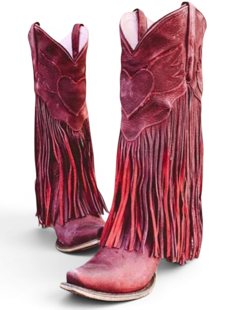 Retro Heart Wing Fringe Cowboy Boots