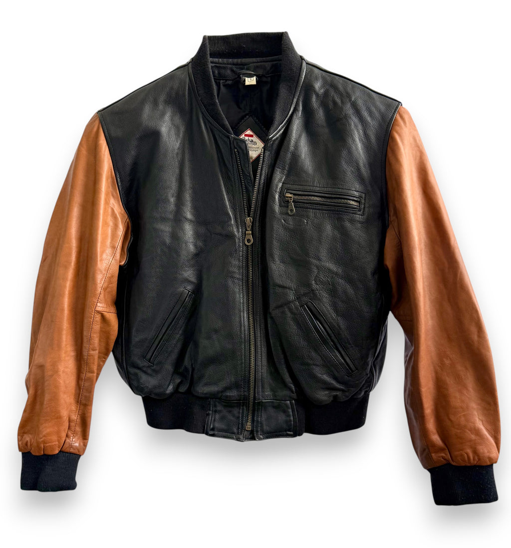 Vintage Two-Tone Leather Bomber Jacket Black and Camel