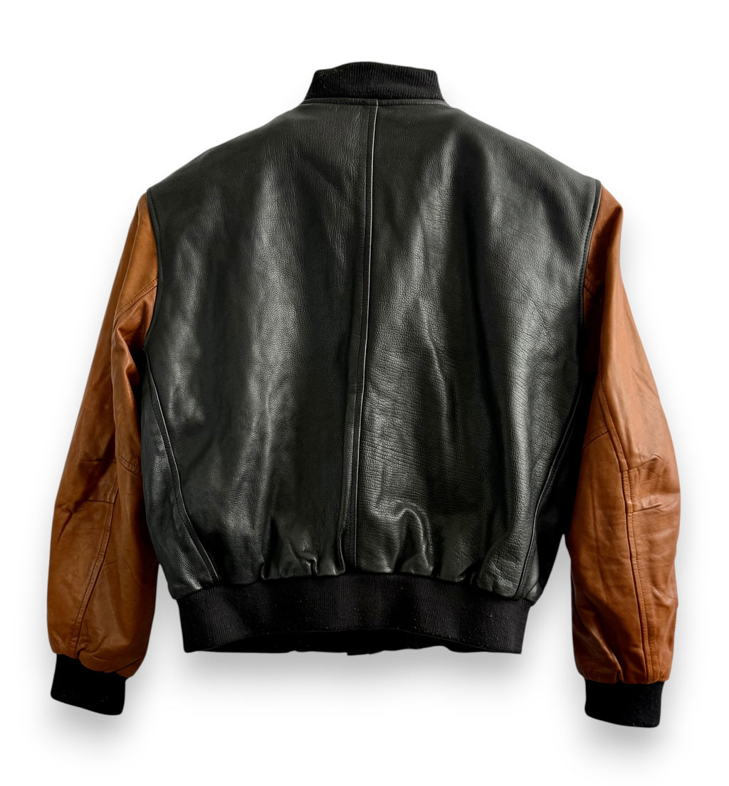 Vintage Two-Tone Leather Bomber Jacket Black and Camel