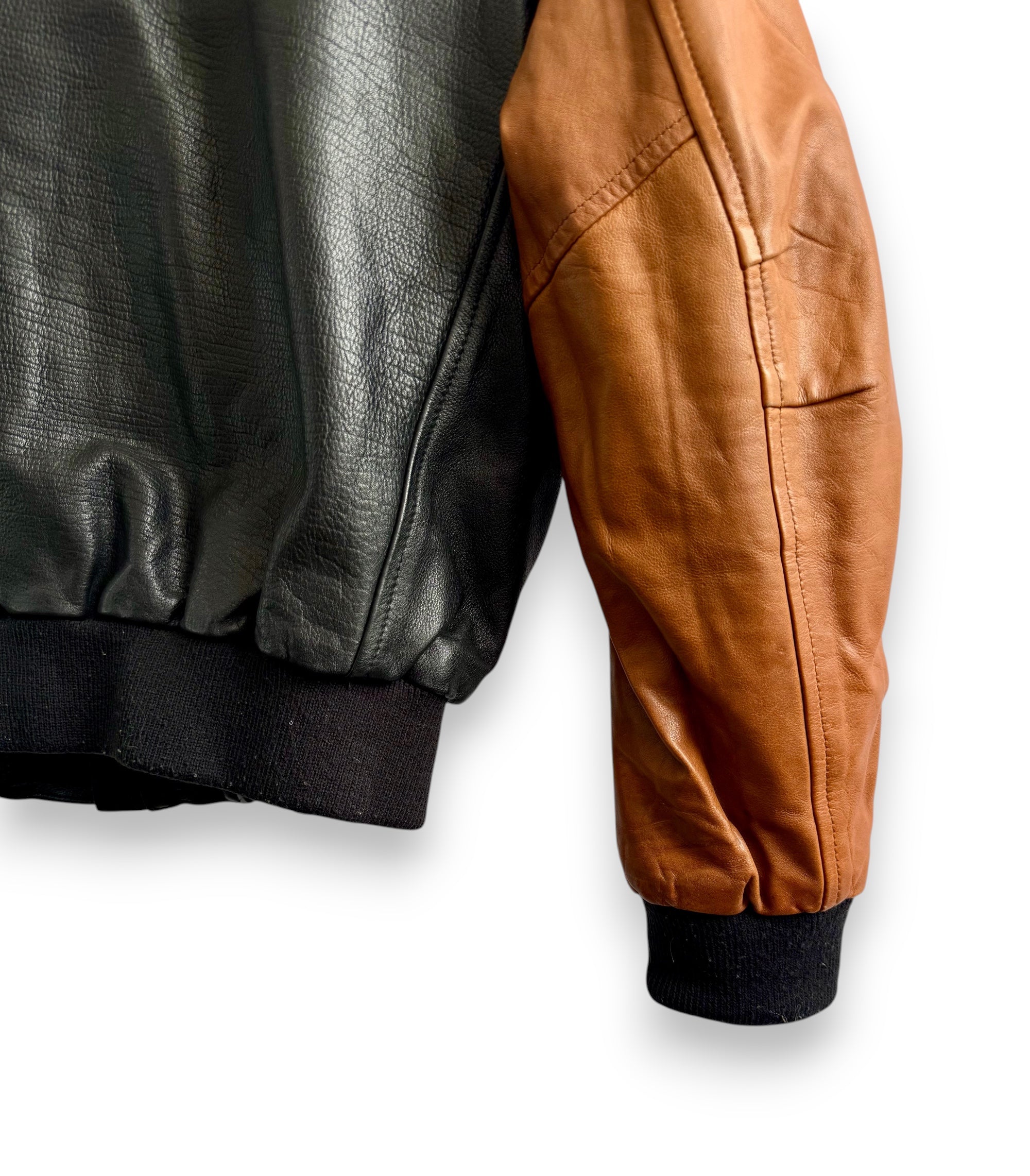 Vintage Two-Tone Leather Bomber Jacket Black and Camel