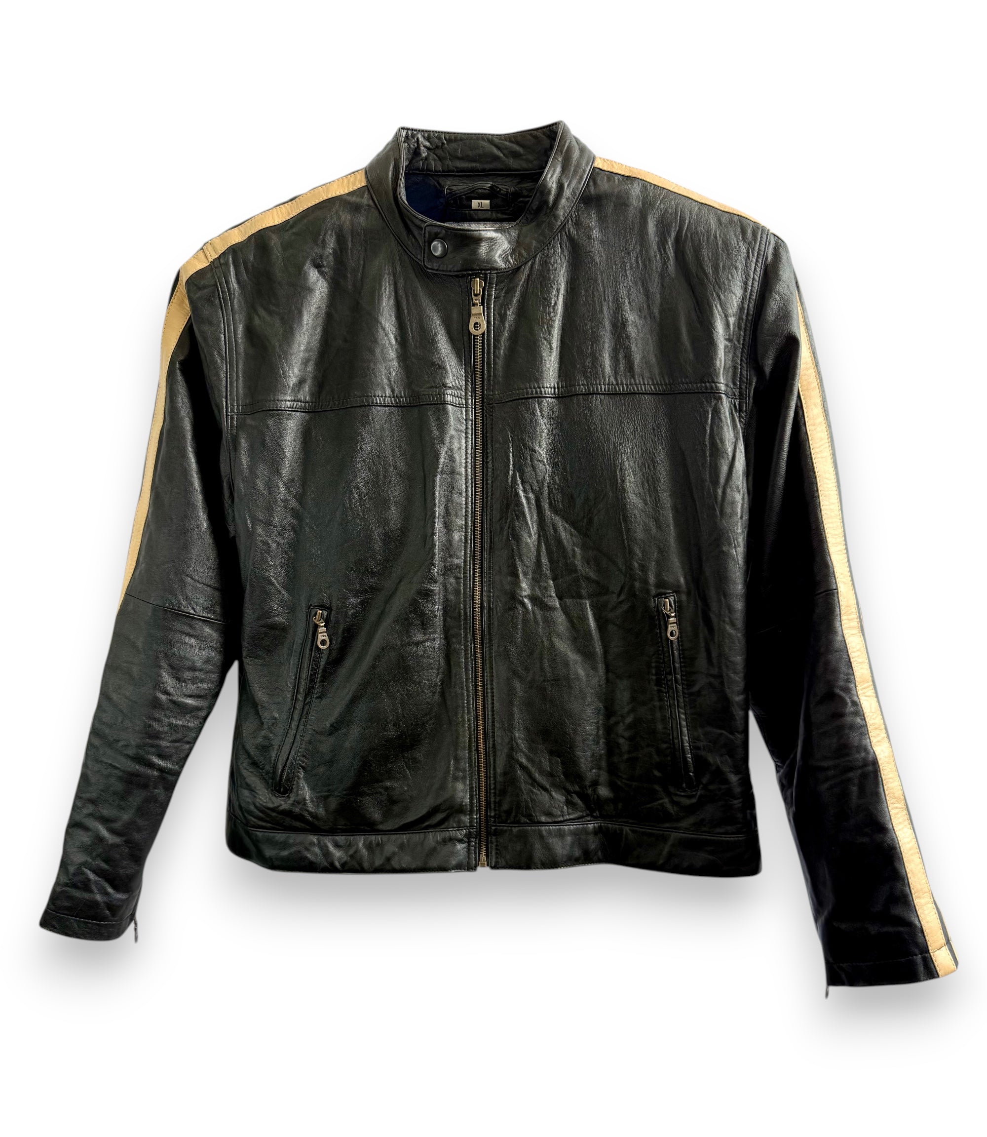 Vintage Black Biker Style Leather Jacket with Beige Stripe