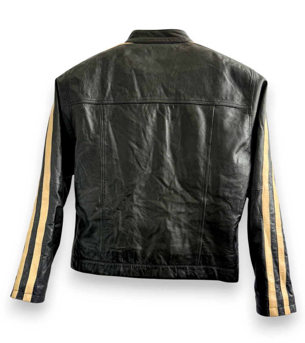 Vintage Black Biker Style Leather Jacket with Beige Stripe