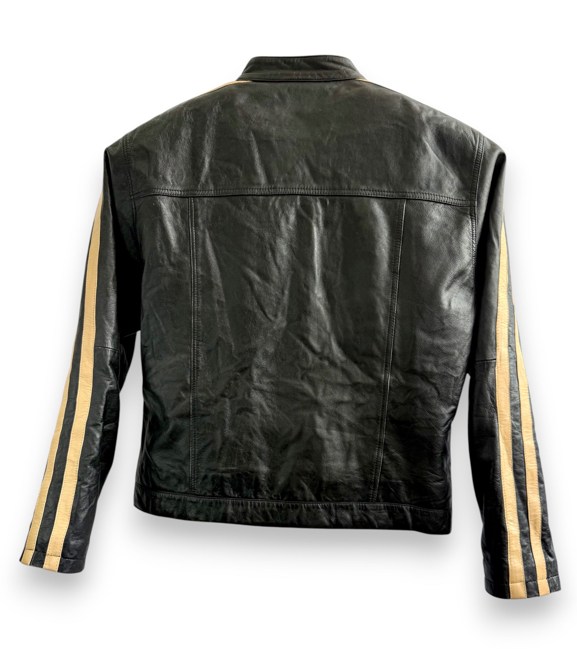 Vintage Black Biker Style Leather Jacket with Beige Stripe