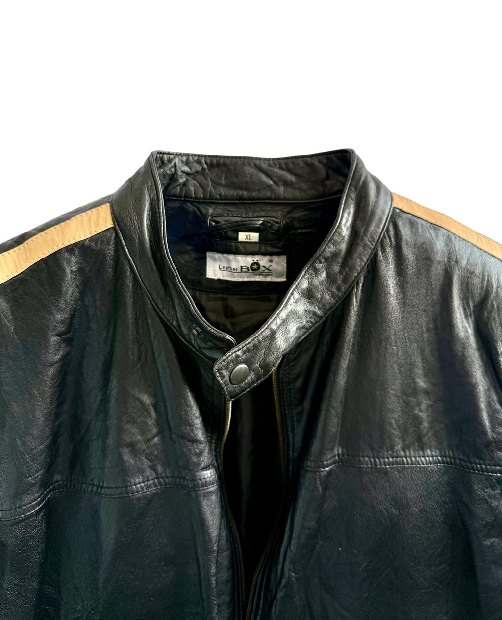 Vintage Black Biker Style Leather Jacket with Beige Stripe