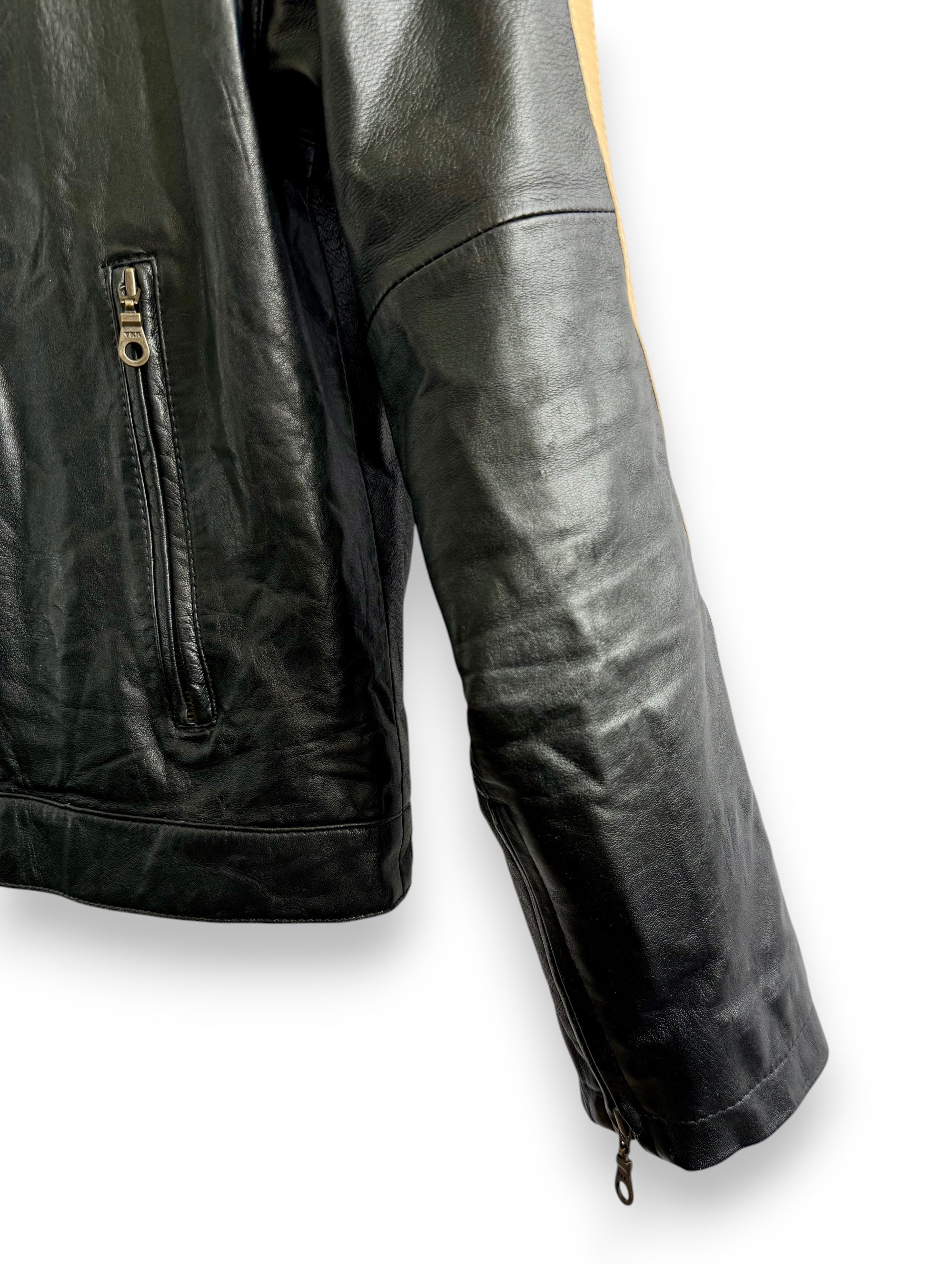 Vintage Black Biker Style Leather Jacket with Beige Stripe