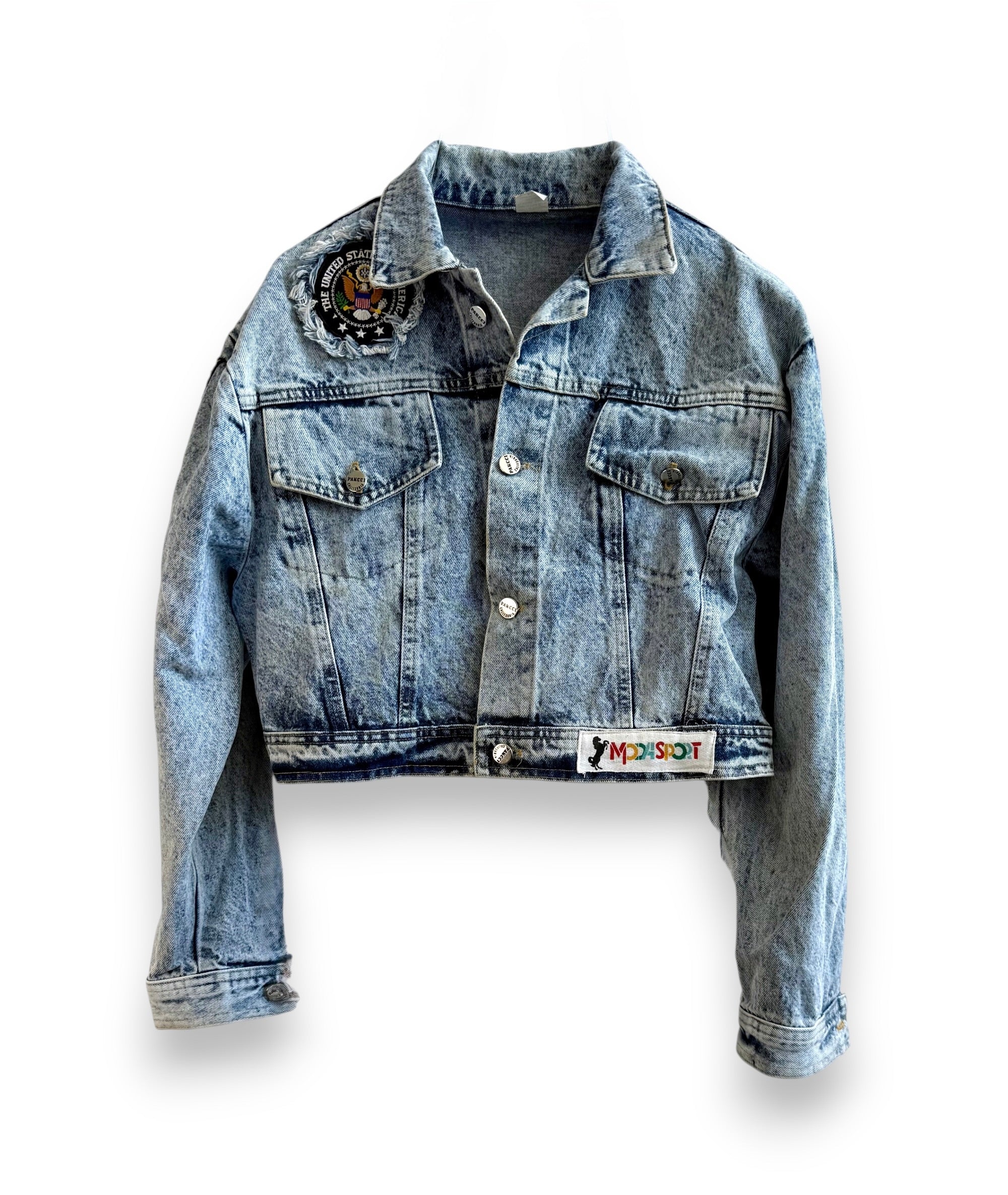 Vintage Acid Wash Cropped Denim Jacket with Patches